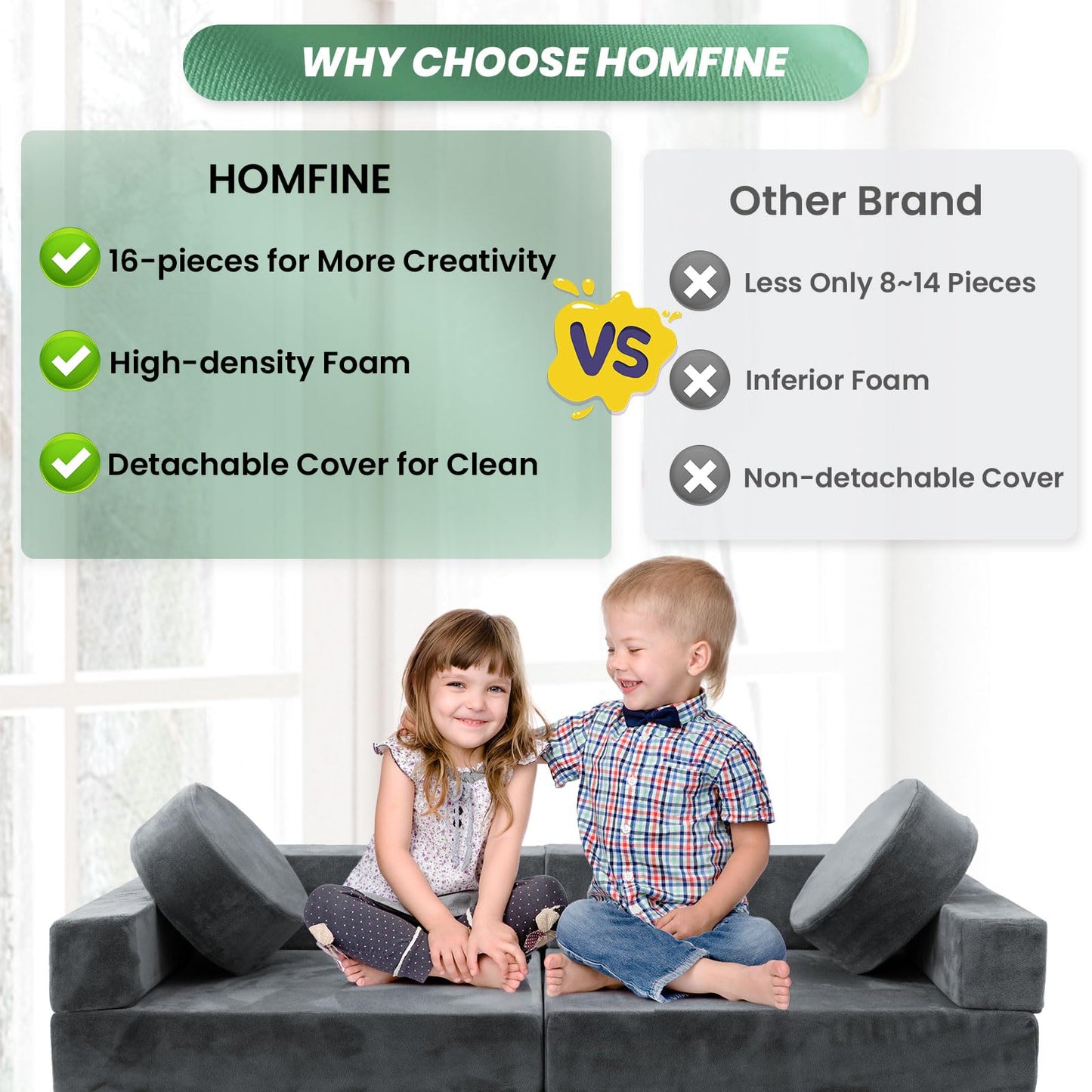 HOMFINE 16pcs Modular Kids Play Couch, Kids Toddler Couch, Child Sectional Sofa, Versatile Kid Couch for Playroom Bedroom, Convertible Foam and Floor Cushion for Boys and Girls, Dark Grey