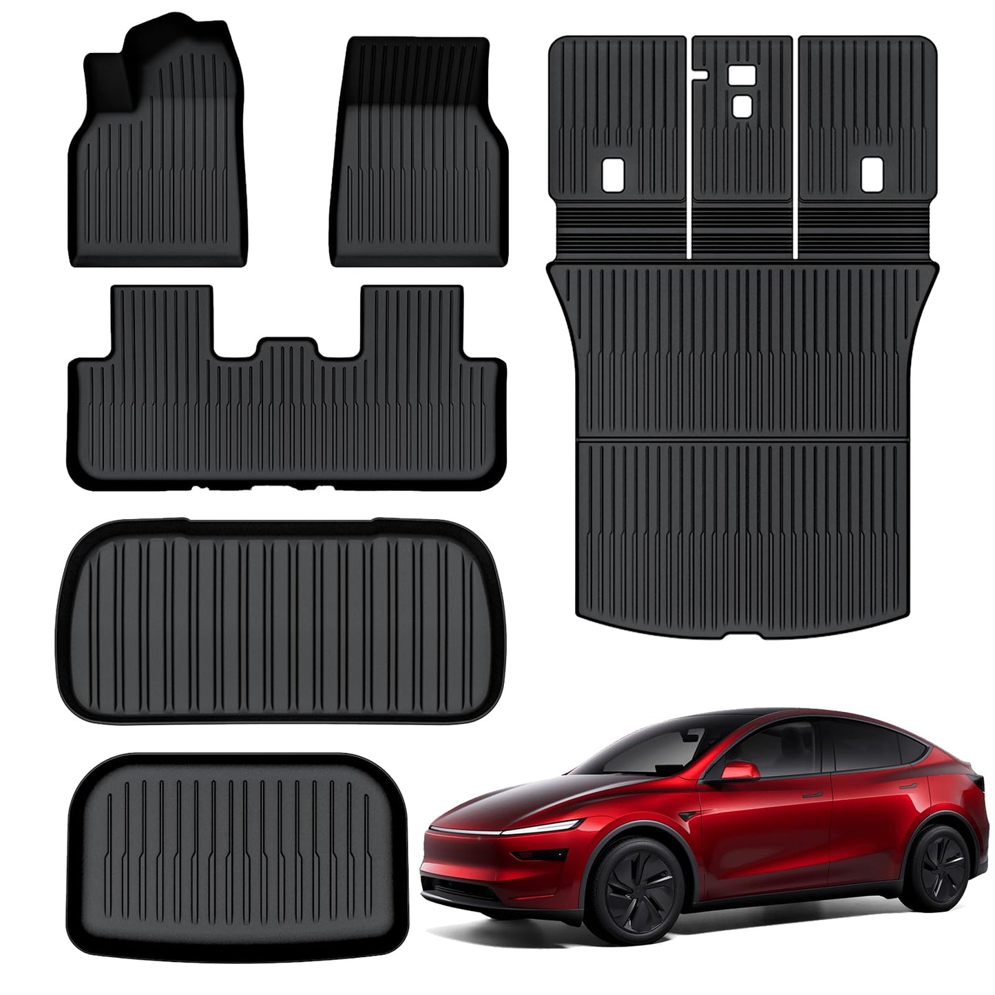 AUXKO All Weather Floor Mats for 2025 Tesla New Model Y Cargo Mat with Backrest Mat & Front Trunk Liner & Rear Cargo Mat Car Full Set TPE Liners Accessories All Season Guard Odorless Anti-Slip Mats