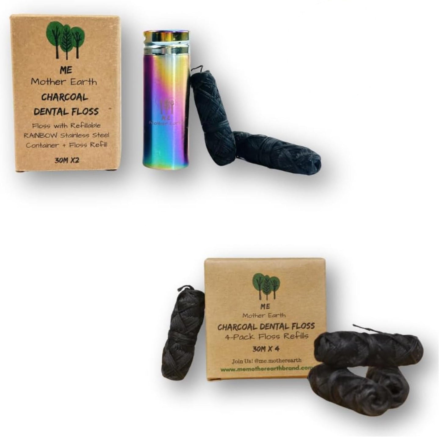 Vegan Biodegradable Bamboo Charcoal Dental Floss with Refillable Stainless Steel Rainbow Container with 30m x4 Refill | Peppermint Essential Oil | Eco Friendly Zero Waste Oral Care