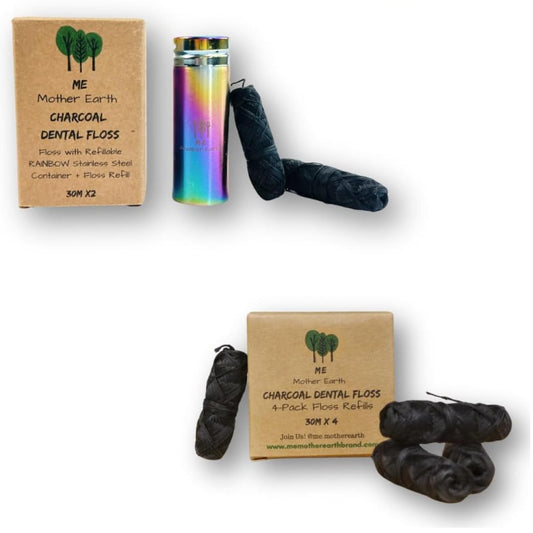 Vegan Biodegradable Bamboo Charcoal Dental Floss with Refillable Stainless Steel Rainbow Container with 30m x4 Refill | Peppermint Essential Oil | Eco Friendly Zero Waste Oral Care
