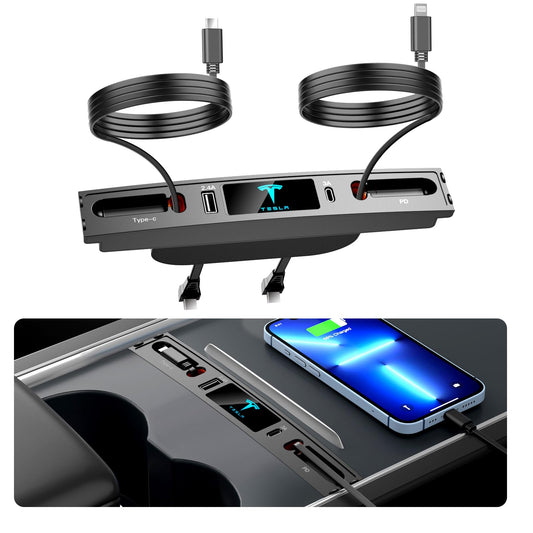 Car USB Charger Multi Port for 2021 2022 2023 2024 Tesla Model 3/Y,Multifunctional Tesla Accessories with Logo and Retractable Cable,Tesla USB hub,Gifts for Tesla Owners(Not fit Model 3 2024)