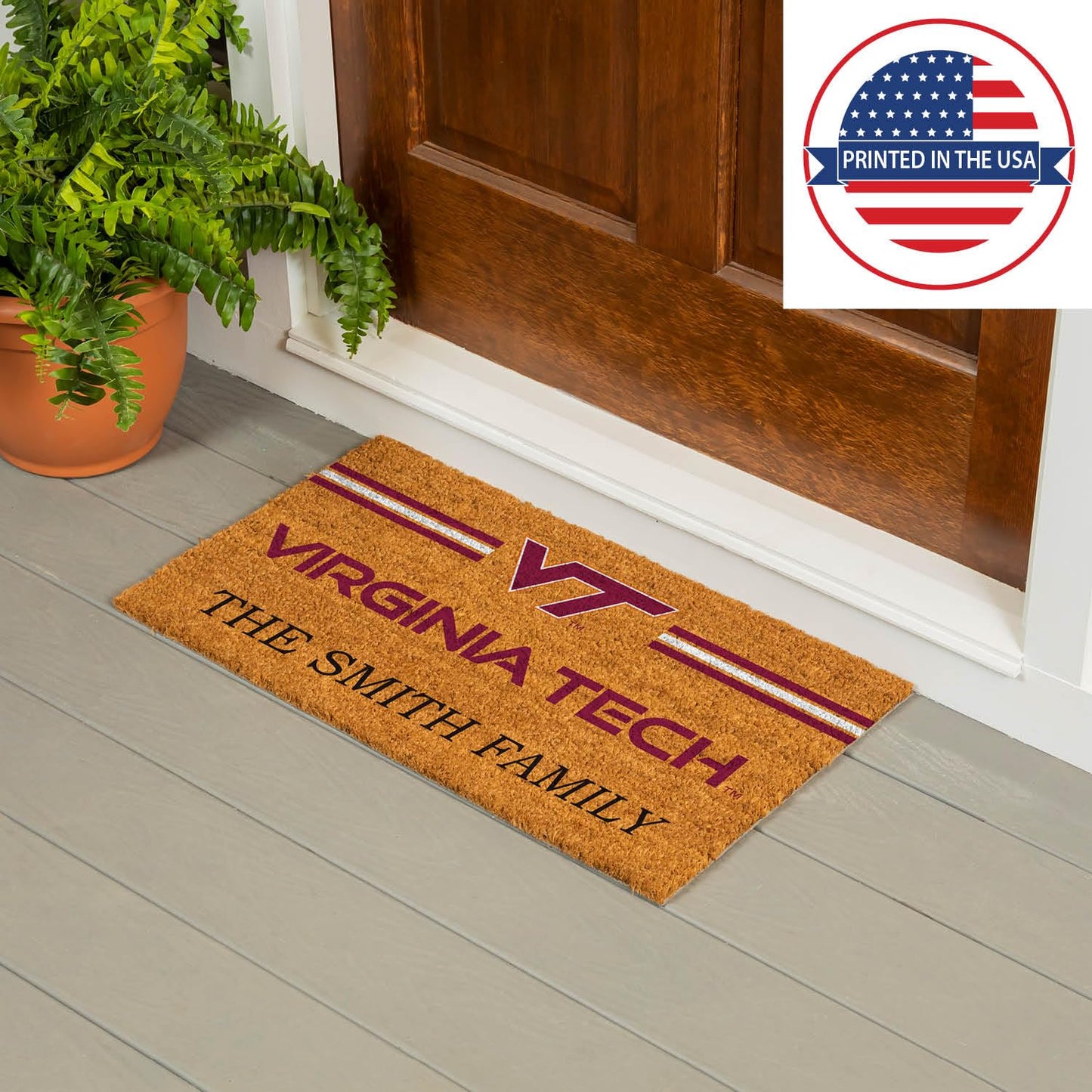 Team Sports America NCAA Virginia Tech College Personalized Coir Door Mat, 18 x 30 Inches Custom Name Doormat, Front Door Non-Slip Welcome Mats