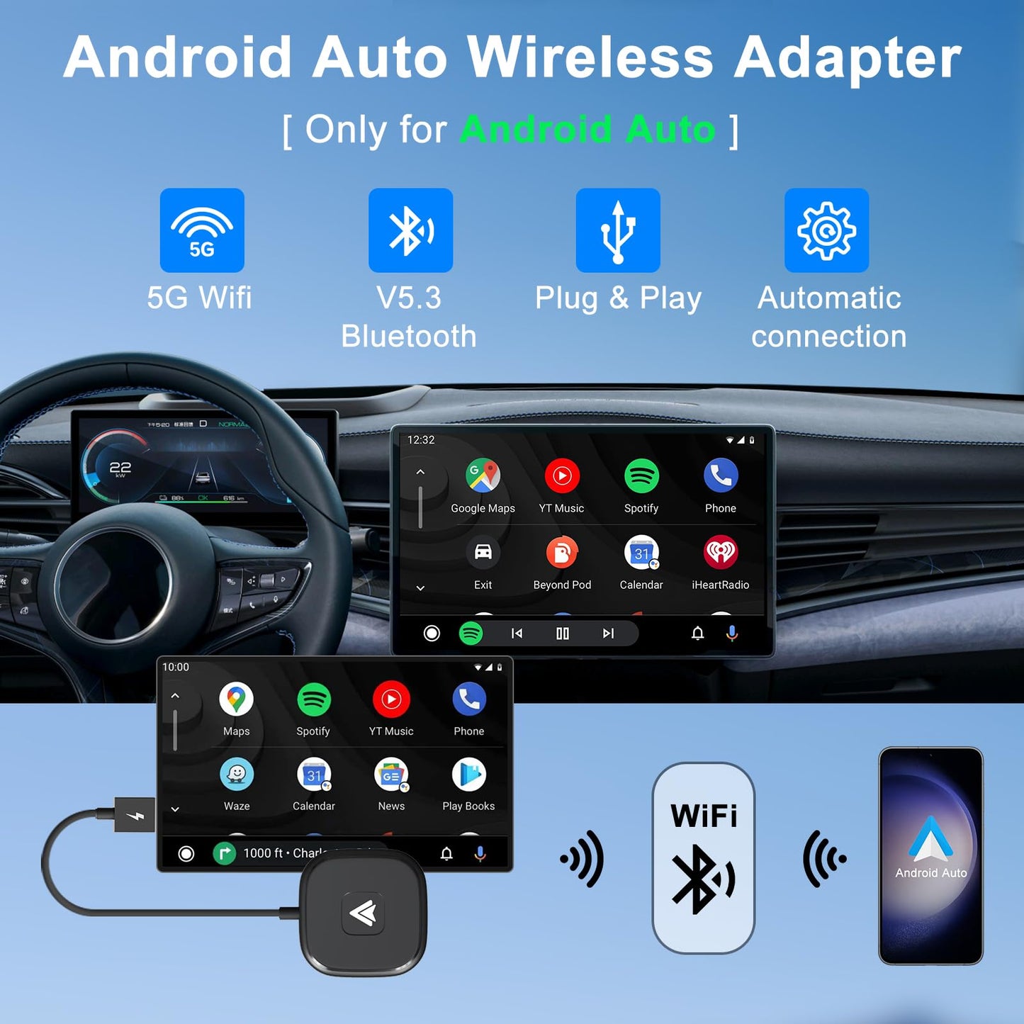 LXJTHT Android Auto Wireless Adapter Plug and Play Car Dongle for Factory Wired Android Auto in All Cars - Low Latency and Easy to Install