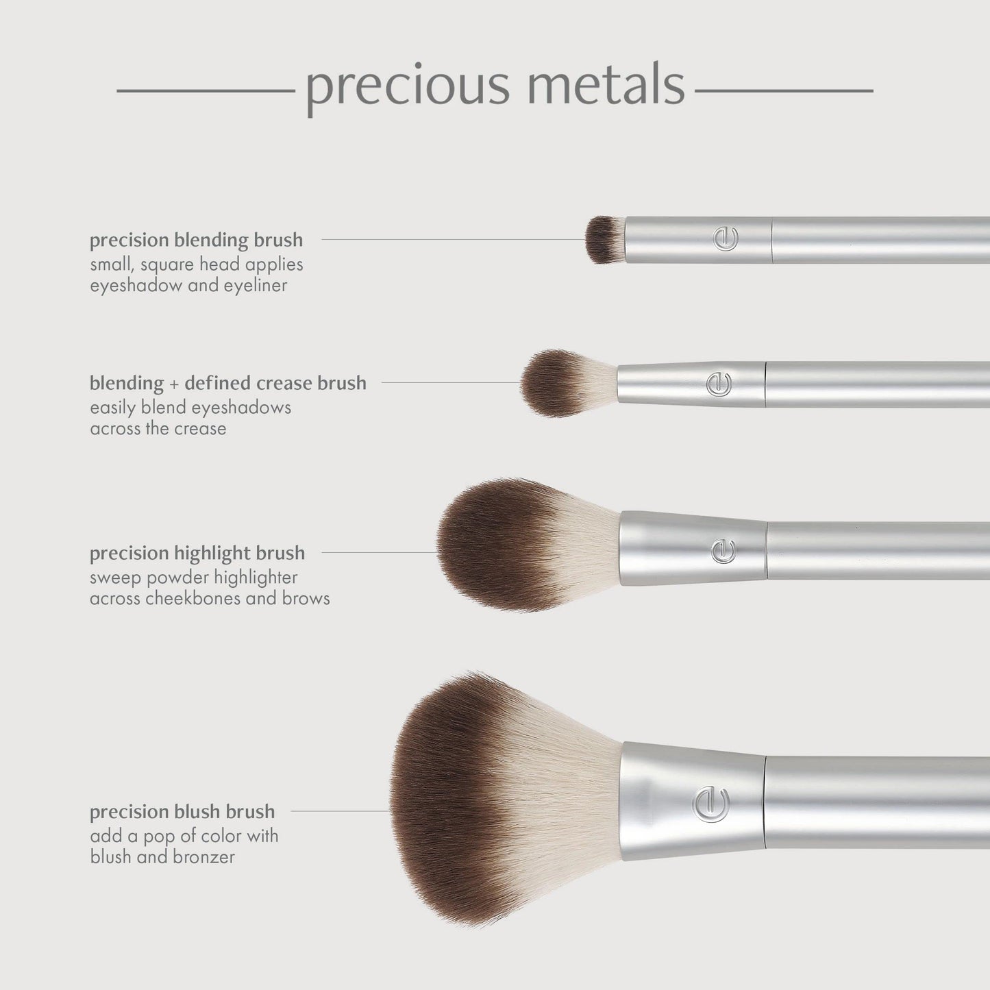 EcoTools Precious Metals Cheek & Eye Highlight Makeup Brush Kit, for Eyeshadow, Blush, & Powder Products, Eco Friendly, Cruelty Free Face Brushes, Recycled Aluminum, Chrome, 4 Piece Set