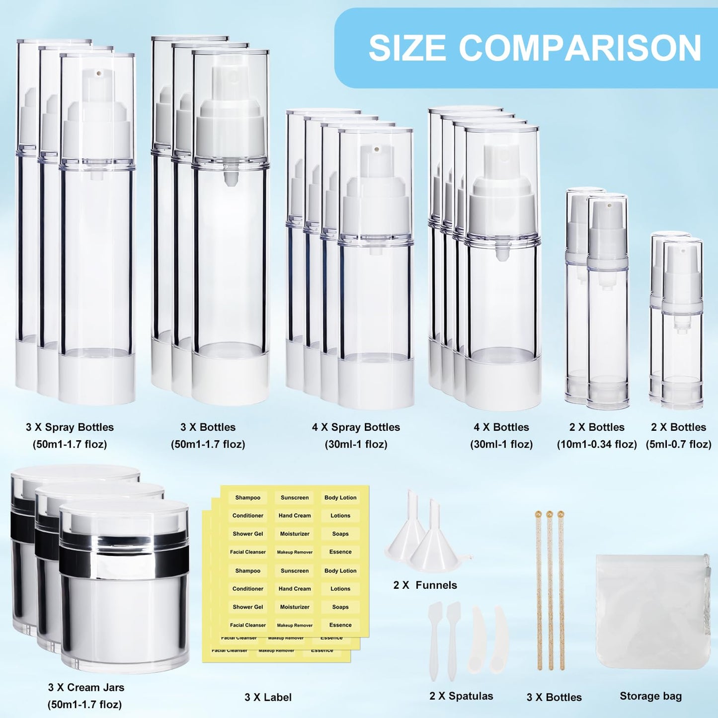 KOUWICH 34 Pack Airless Pump Jars Set, 1.7/1/0.7/0.34oz Refillable Travel Size Containers, Leak-Proof Toiletry Bottles for Skincare and Creams, Lotion, Eye Cream, Liquid, Foundation, Shampoo