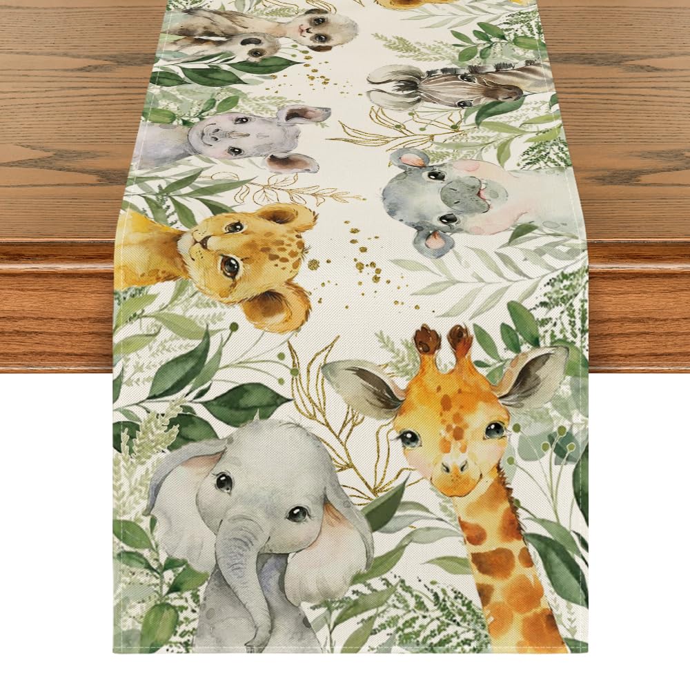 Artoid Mode Animals Elephant Giraffe Baby Shower Table Runner, Seasonal Spring Summer Kitchen Dining Table for Home Party Decor 13x60 Inch