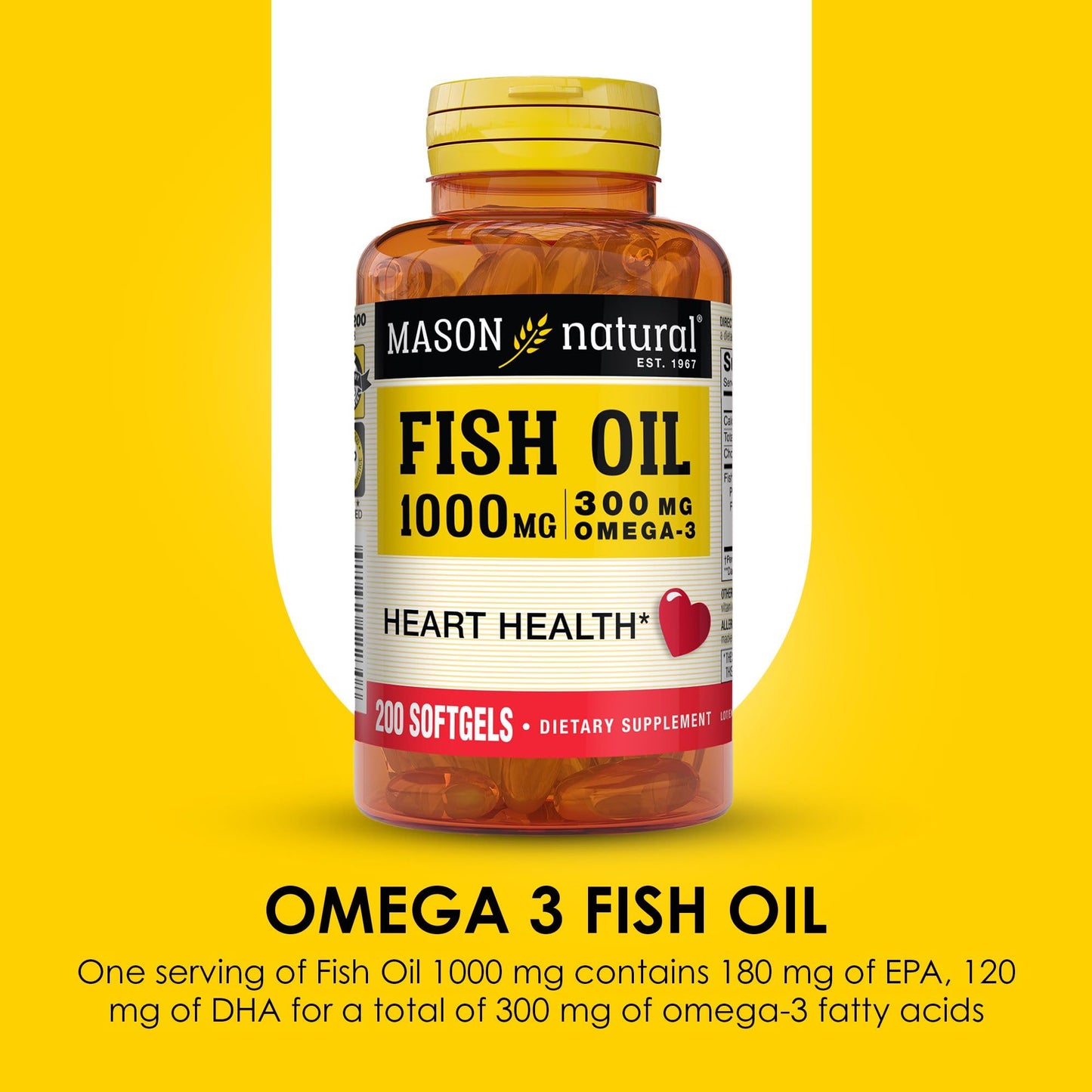 Mason Natural, Omega 3 Fish Oil 1000mg Softgels, Bonus Size 200-Count Bottle, Dietary Supplement Supports Heart, Eye, Brain and Joint Health with Omega 3 Fatty Acid Healthy Fats
