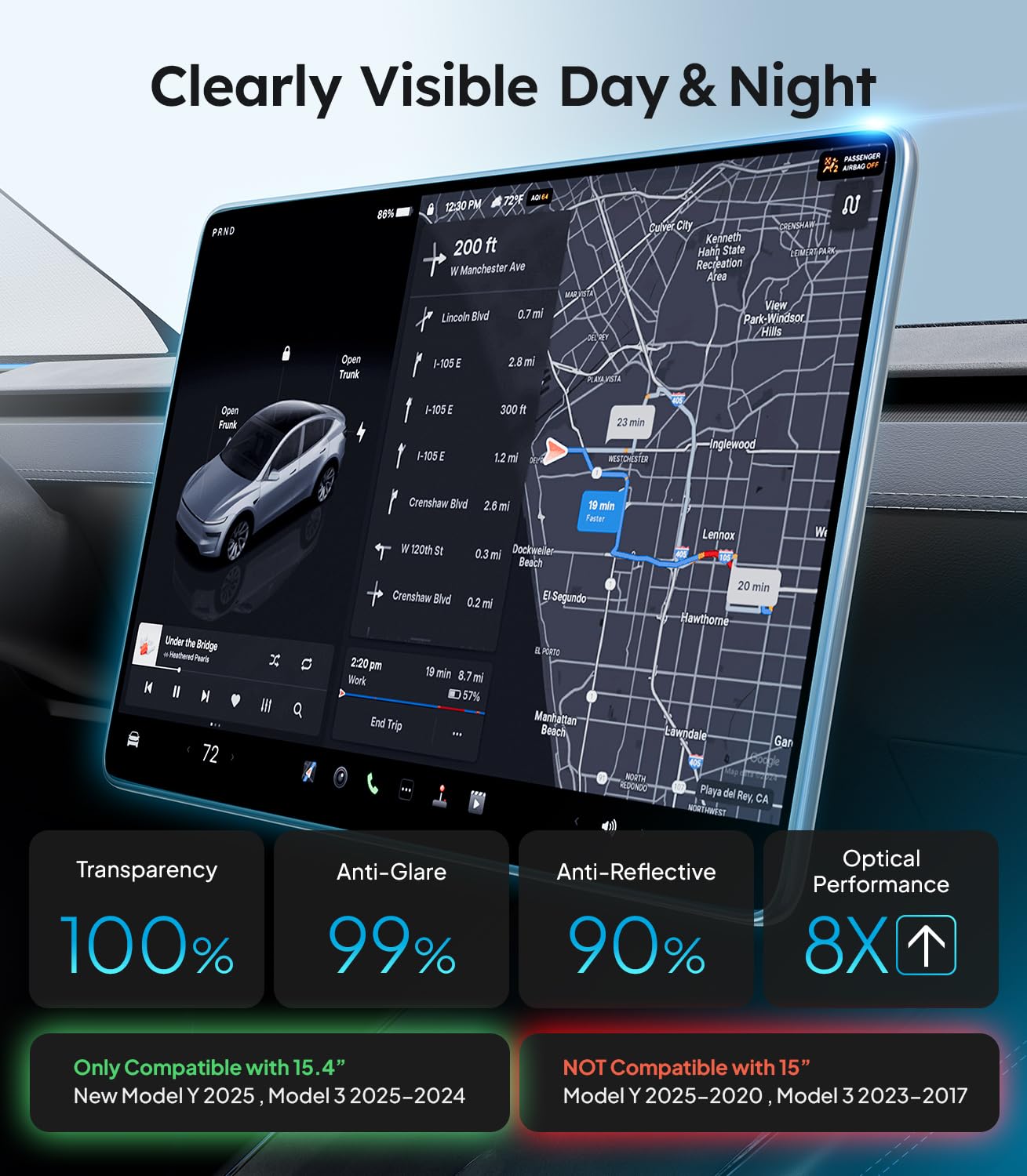 Wigoo Tesla New Model Y Juniper & Model 3 Screen Protector Matte [No Glare & Fingerprint] Model 3 (2024~2025)/New Model Y Juniper Accessories, Tempered Glass Protector Front/Rear Screen [2-Pack]