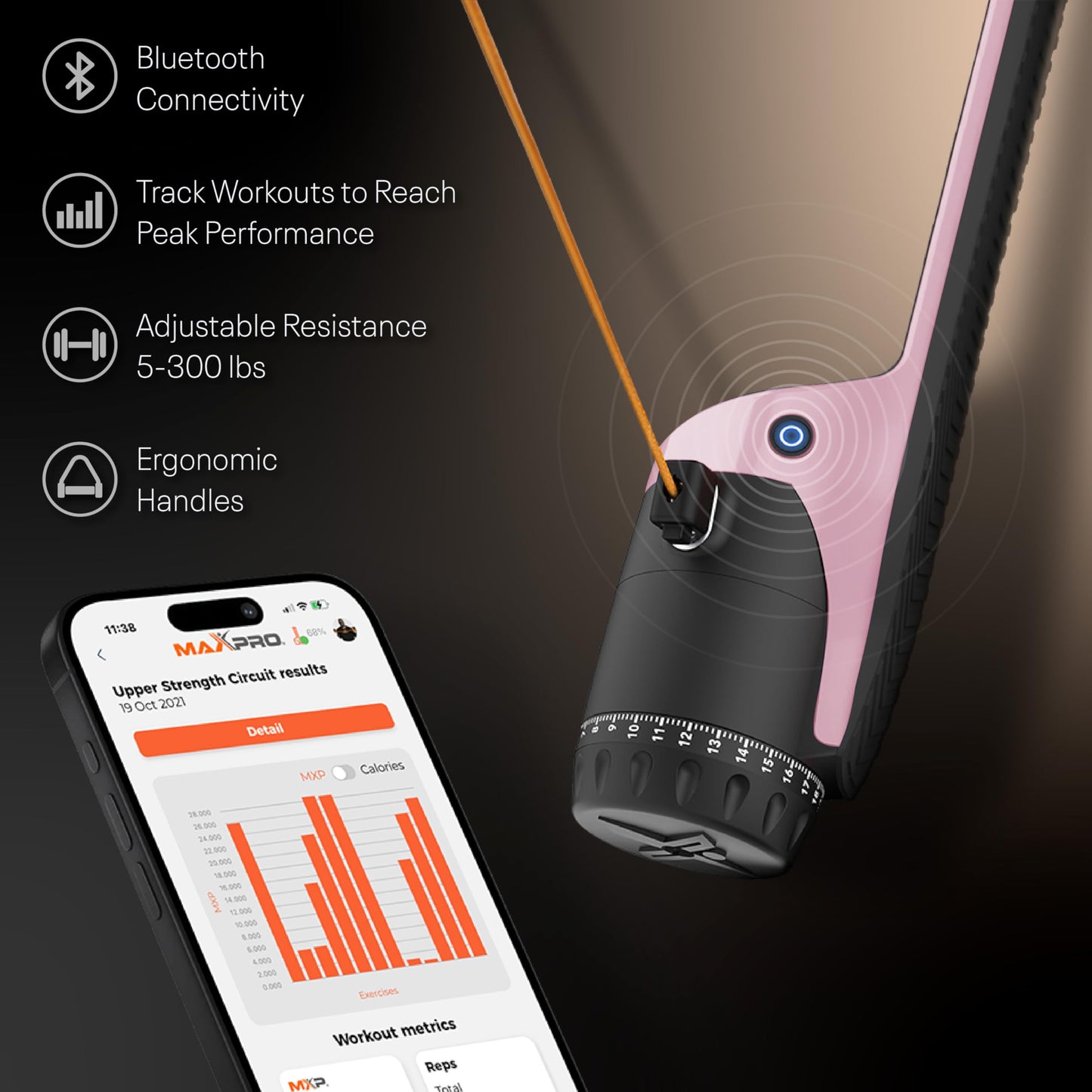 MAXPRO: Portable Smart Cable Gym | As Seen on Shark Tank | All-in-One Portable Workout Machine with Bluetooth & Free APP | Cardio, Strength, Stretching | 5-300lbs Resistance | Power Me Pink