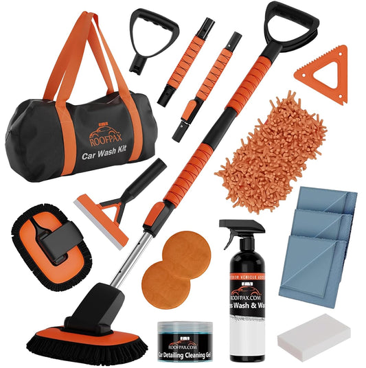 RoofPax Premium Car Wash Kit with 48.8" Extendable Telescoping Handle Chenille Microfiber Car Brush Wash Mop Mitt Scratch-Free Duster Exterior Magic Sponge & Cleaning Kit for All Vehicles