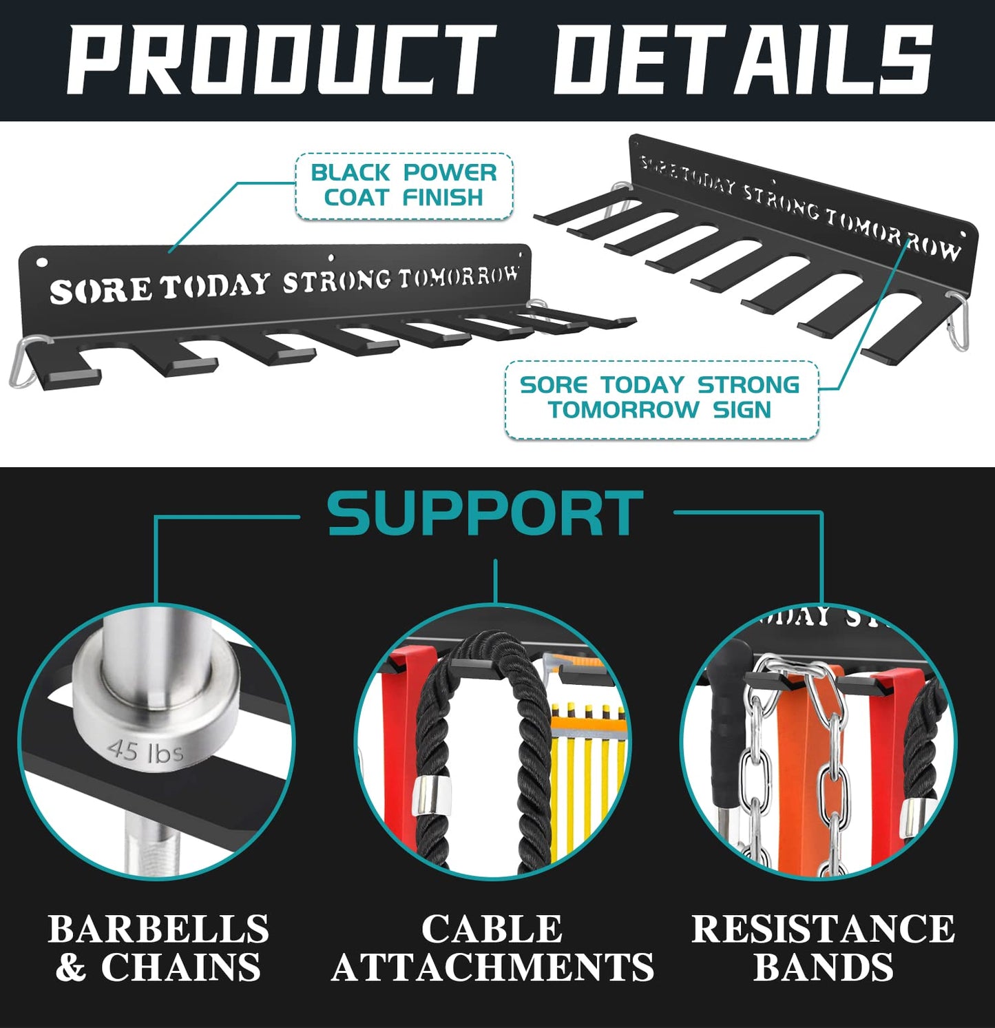 Black Metal Heavy-gauge Workout Rack Wall Mount Organizer Multi-Purpose Workout Gear Storage for Sports Gears Barbells Lifting Belt Fitness Band Carabiners Included With Uplifting Words