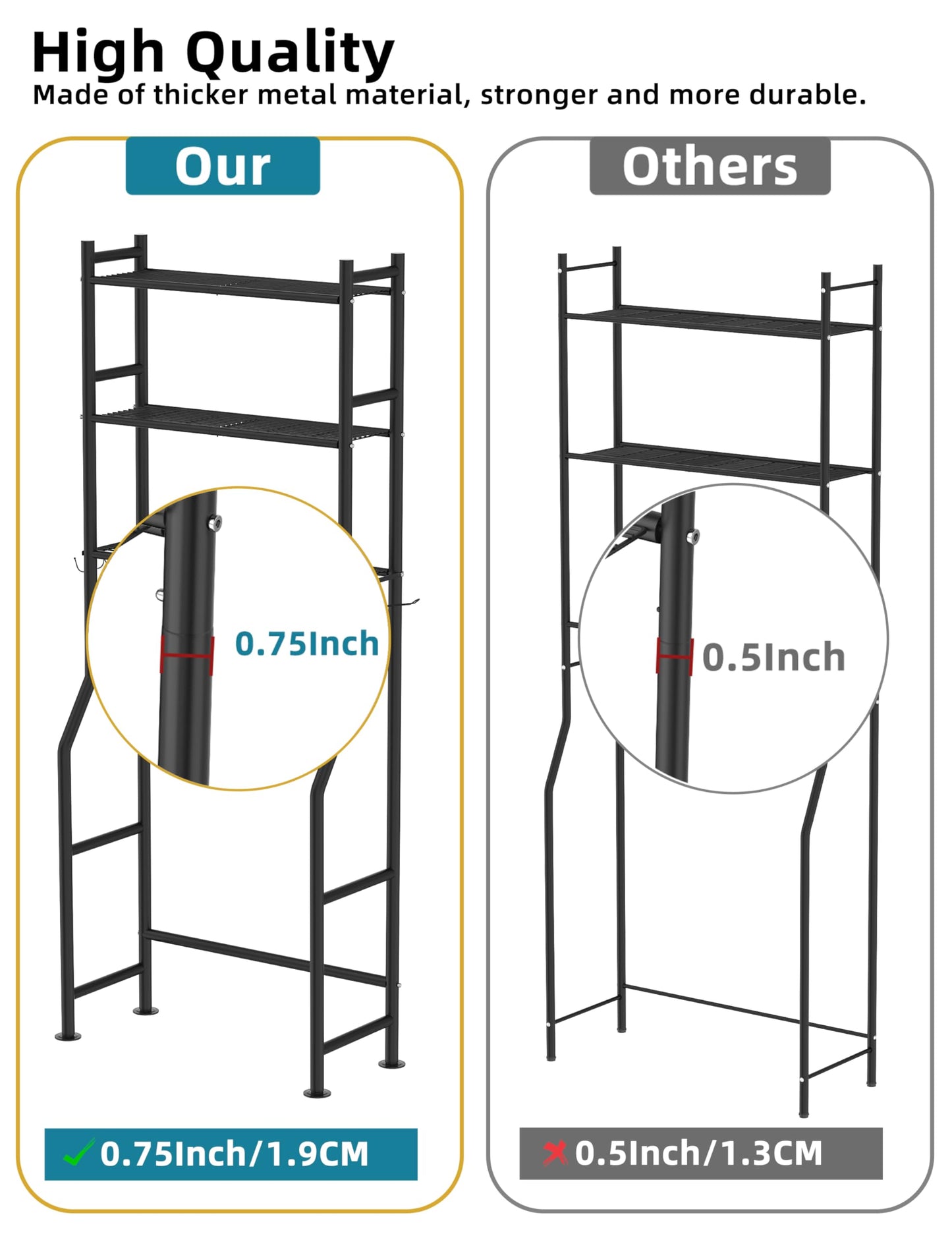 Livilord 3-Tier Over The Toilet Storage, Freestanding Metal Bathroom Shelves with 4 Hooks, Over Toilet Storage Shelf with Paper Holder, Above The Toilet Shelf for Bathroom Storage, Black