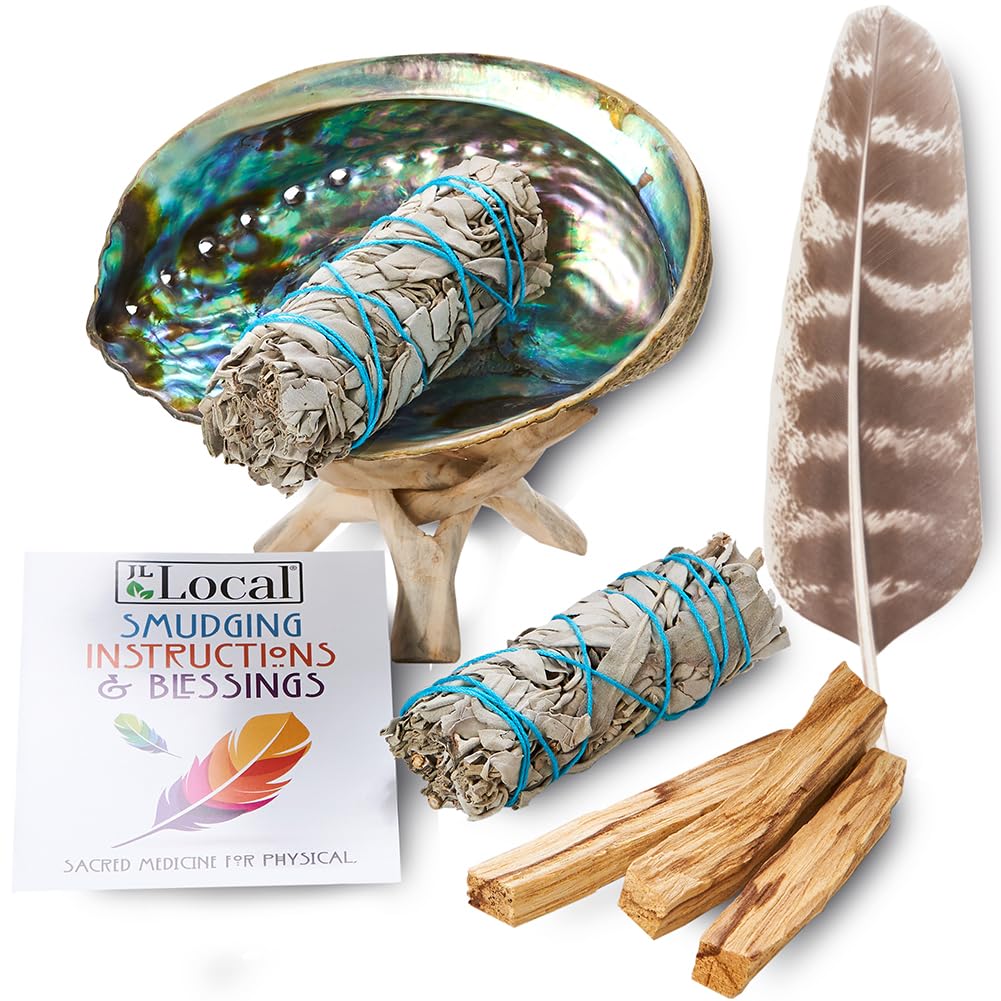 Smudge Kit - White Sage, Palo Santo, Abalone Shell, Smudging Feather for Healing, Purifying, Meditating & Incense (Essentials Plus)