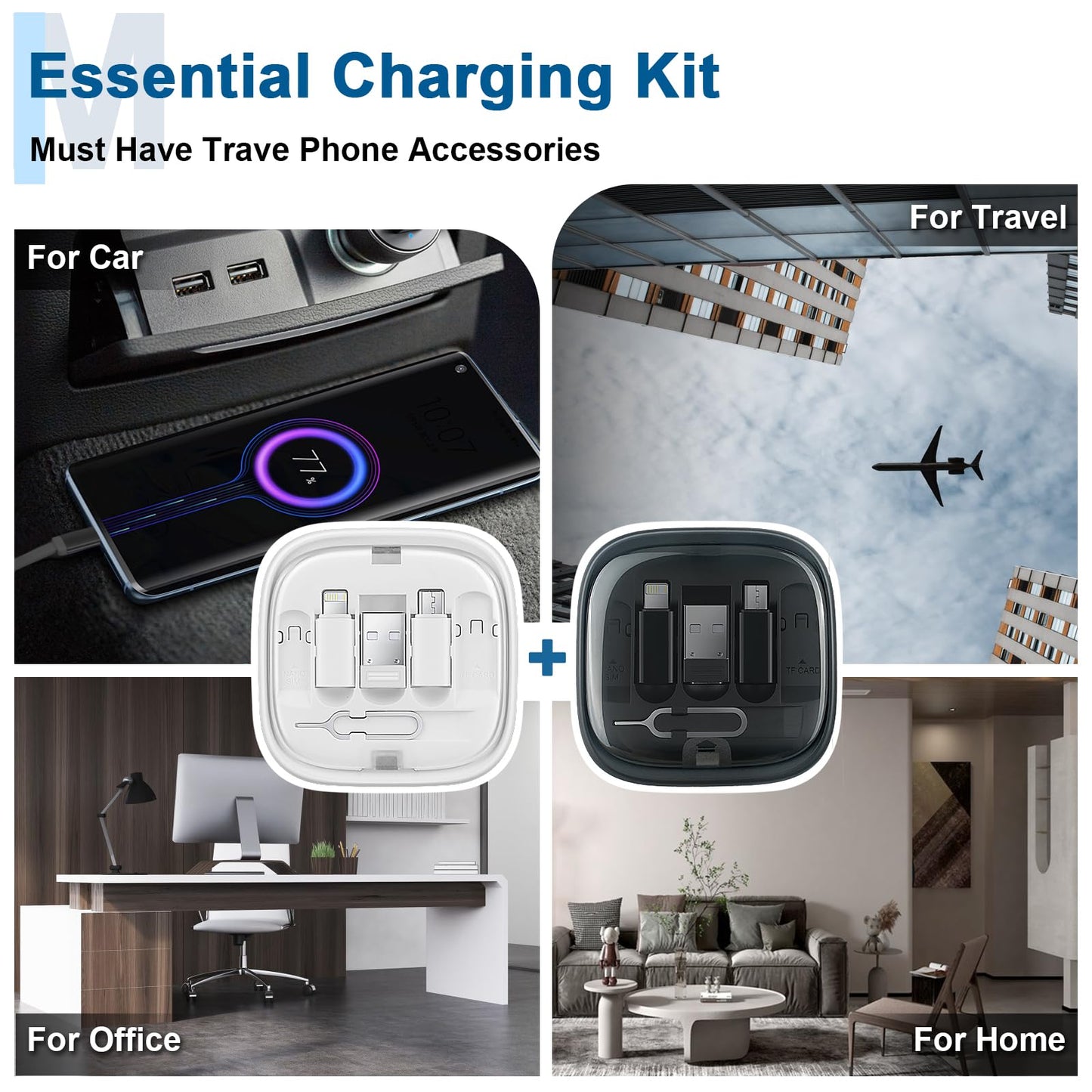 Retractable USB C Cable, Fast Charging Cord Type C 60W 3ft, 6 in 1 Charging Cord Organizer Travel Case, USB C to USB Adapter, SIM Card Removal Tool, College Essentials (2 Pack in Black & White)