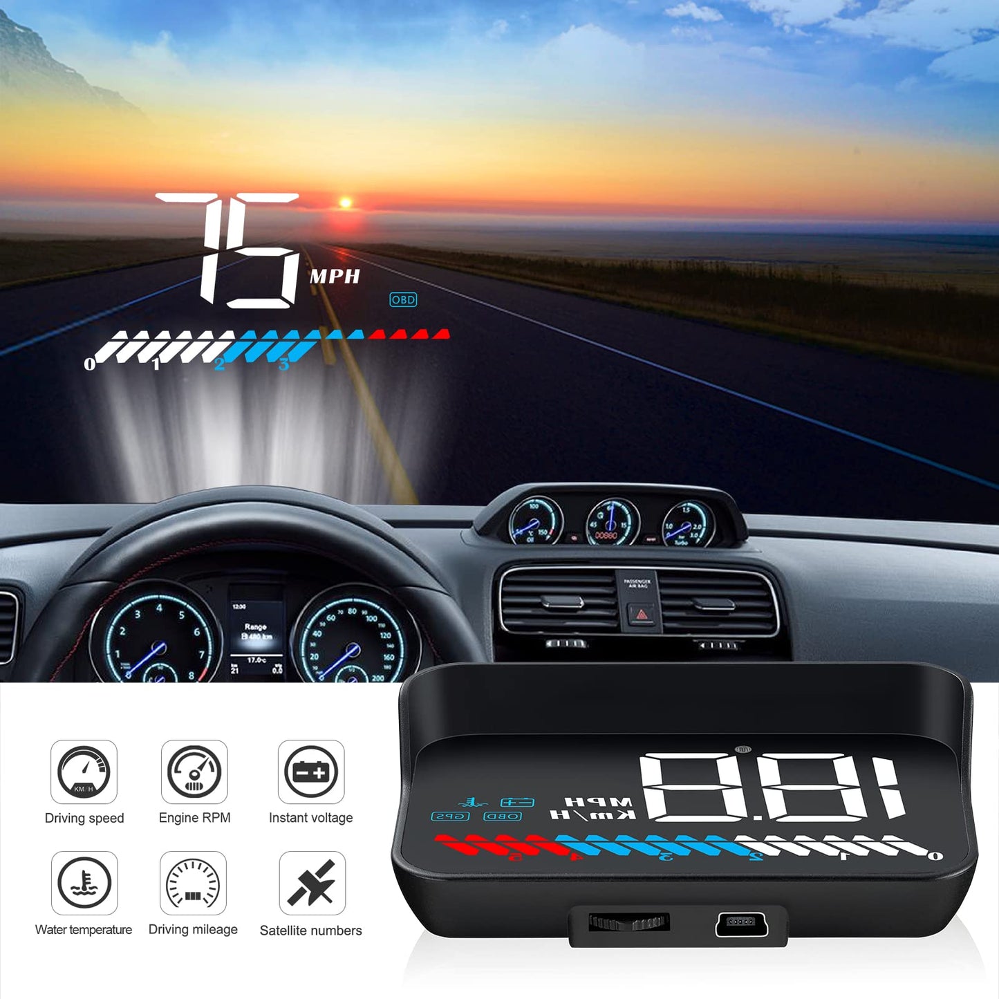Car HUD Head Up Display M7, OBD/GPS Smart Gauge, Driving Speed, Engine RPM, Voltage, Water Temperature, Etc.., Works Great for All Cars