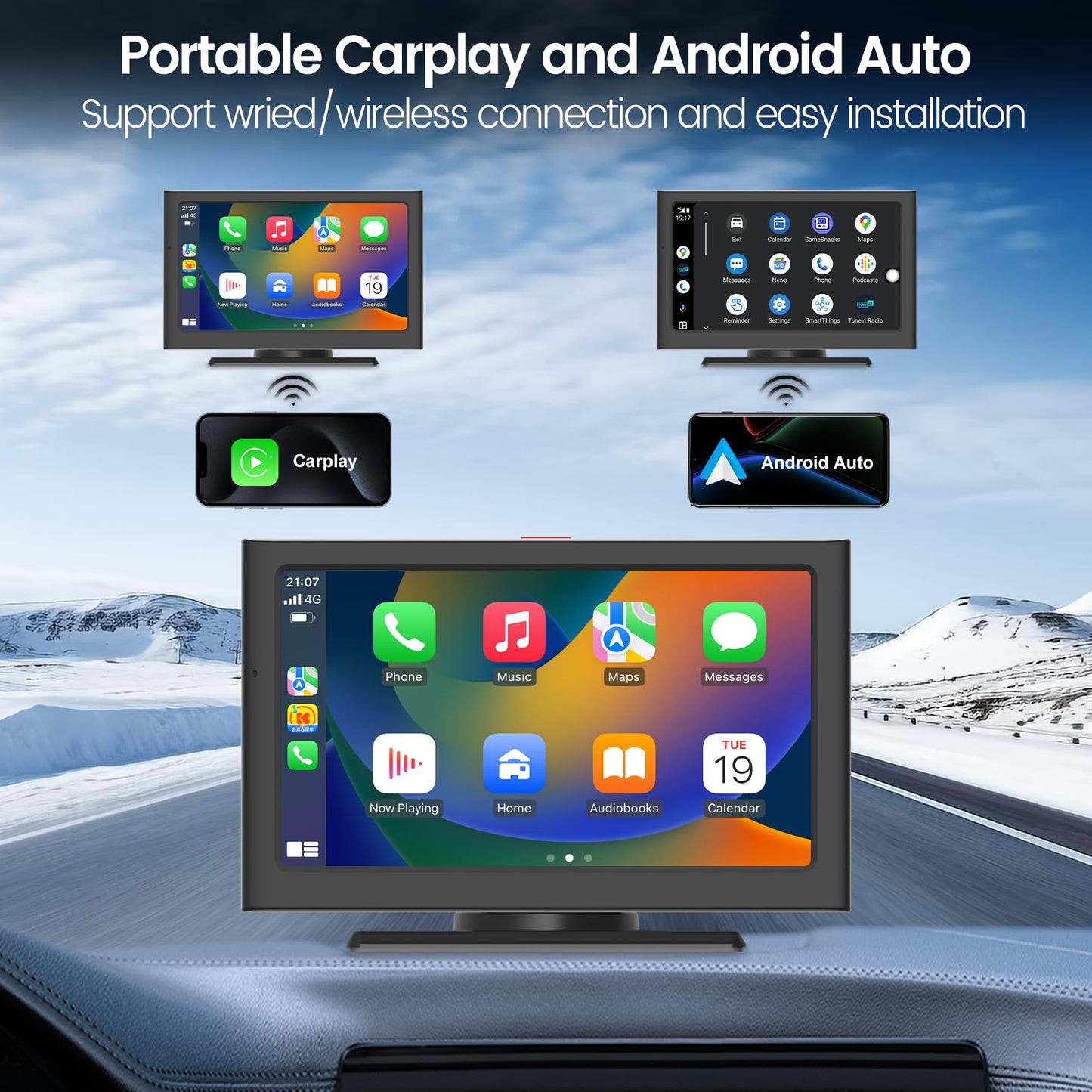 Portable Apple Carplay Screen for Car, 7" HD Car Stereo Touch Screen with Android Auto& Carplay, Rear Camera, Voice Control, Mirror Link, Bluetooth, Navigation, AUX - Fits All Vehicles
