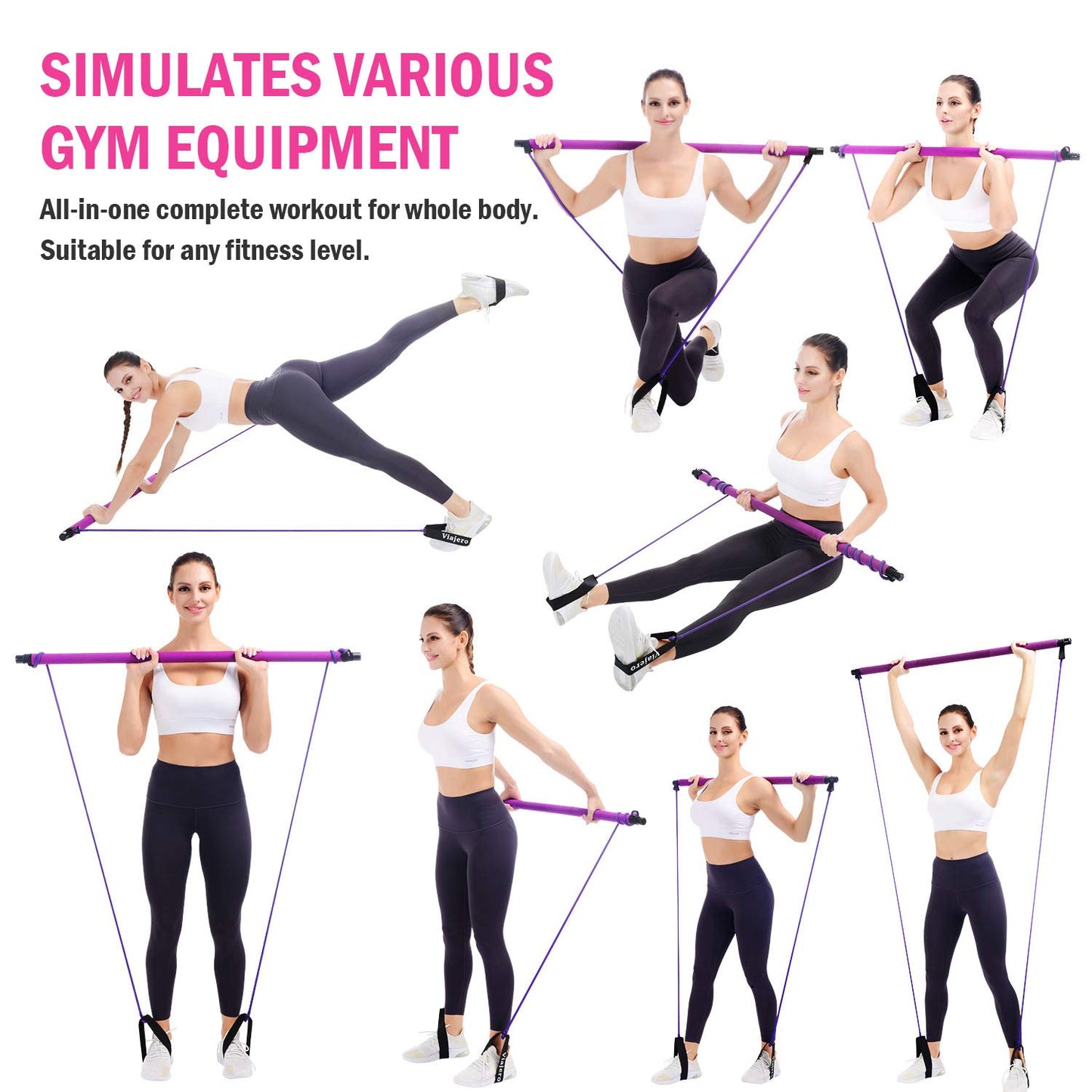Viajero Pilates Bar Kit with 2 Latex Exercise Resistance Bands for Portable Home Gym Workout, 3-Section Sticks All-in-one Strength Weights Equipment for Body Fitness Squat Yoga with E-Book Video