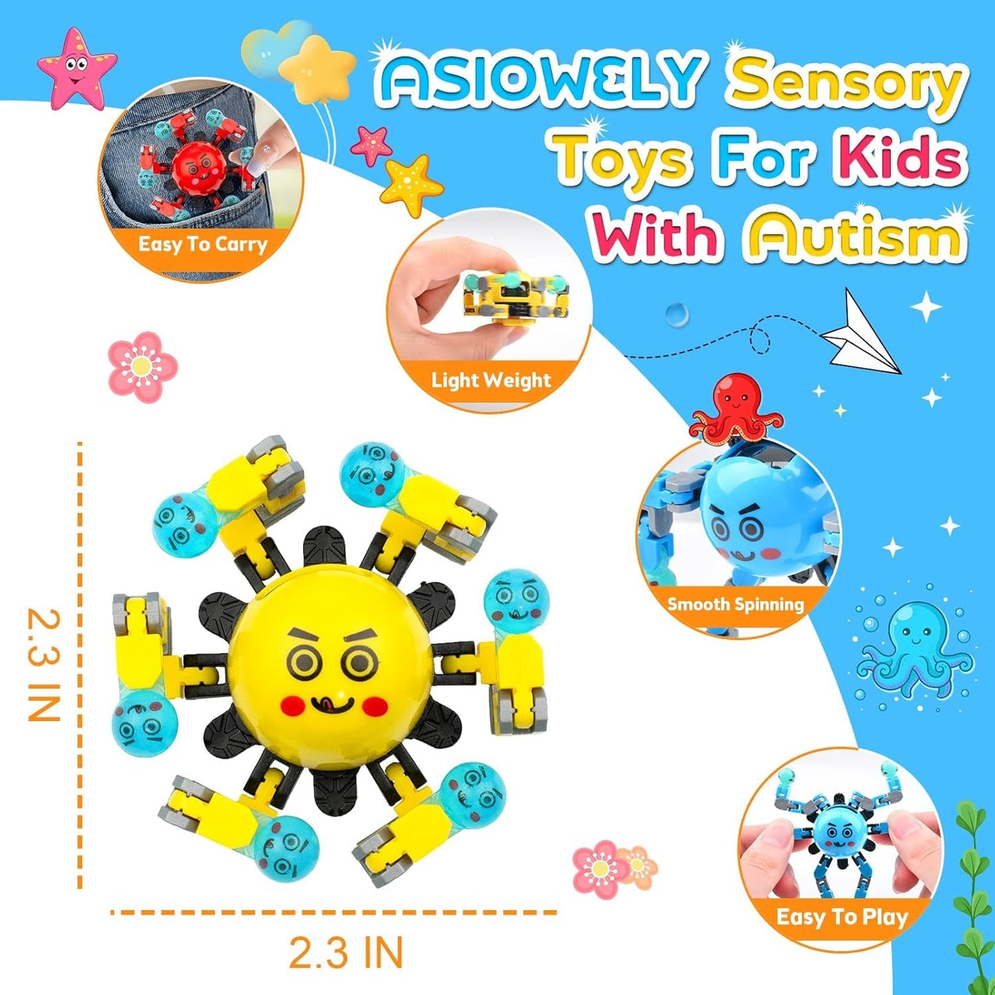 ASIOWELY Transformable Fidget Spinner Toys for Kids and Adults,4 PCS Easter Basket Stuffers Finger Sensory Toy for Teens with Autism ADHD Anxiety Relief,Birthdays Gifts for Boys Girl Travel Game