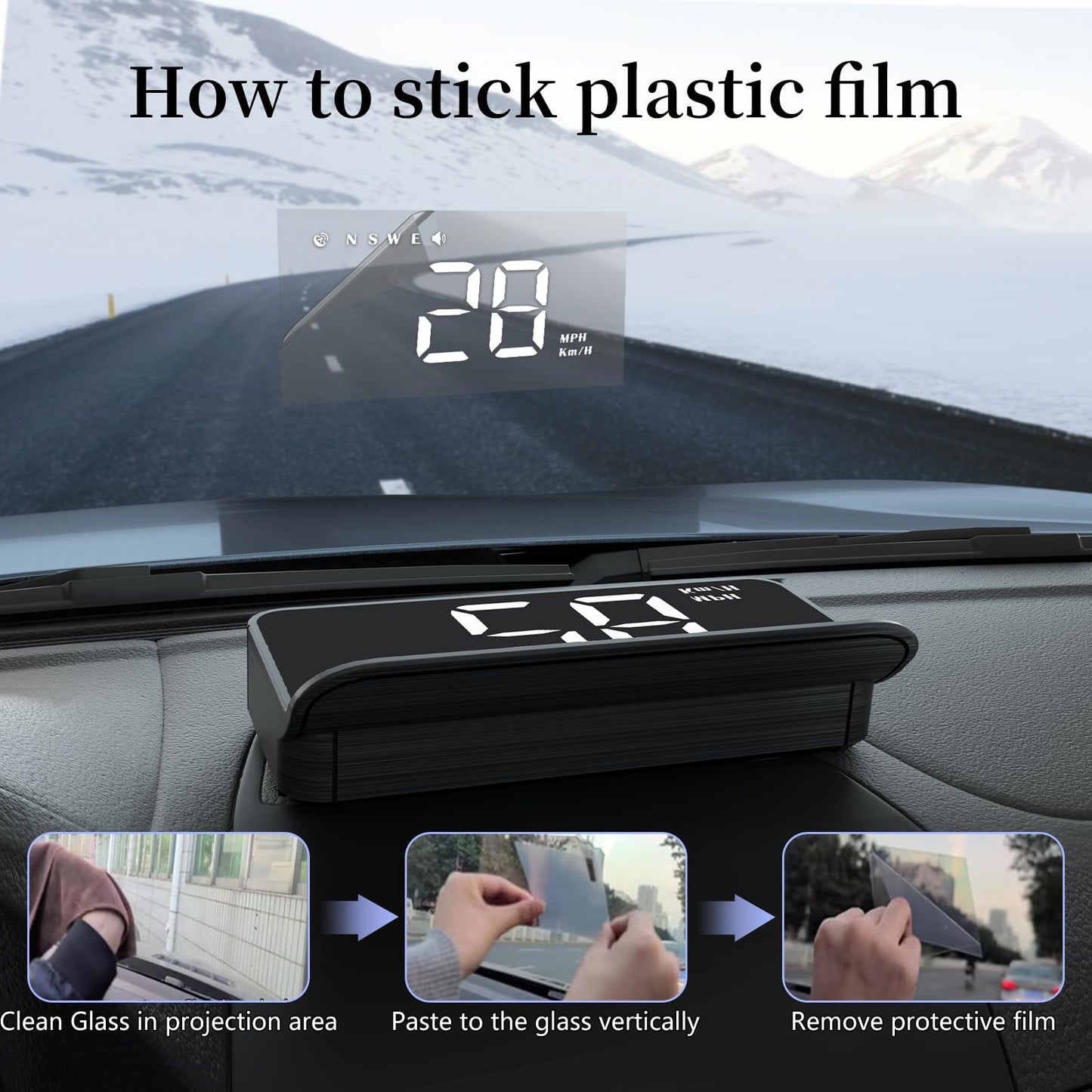 AZIJYV Car Heads Up Display, Windshield Speedometer Projector HUD M1white,Digital Speedometer for Car with Speed,Driving Direction,Overspeed Alarm,Fatigued Driving,Suitable for All Models