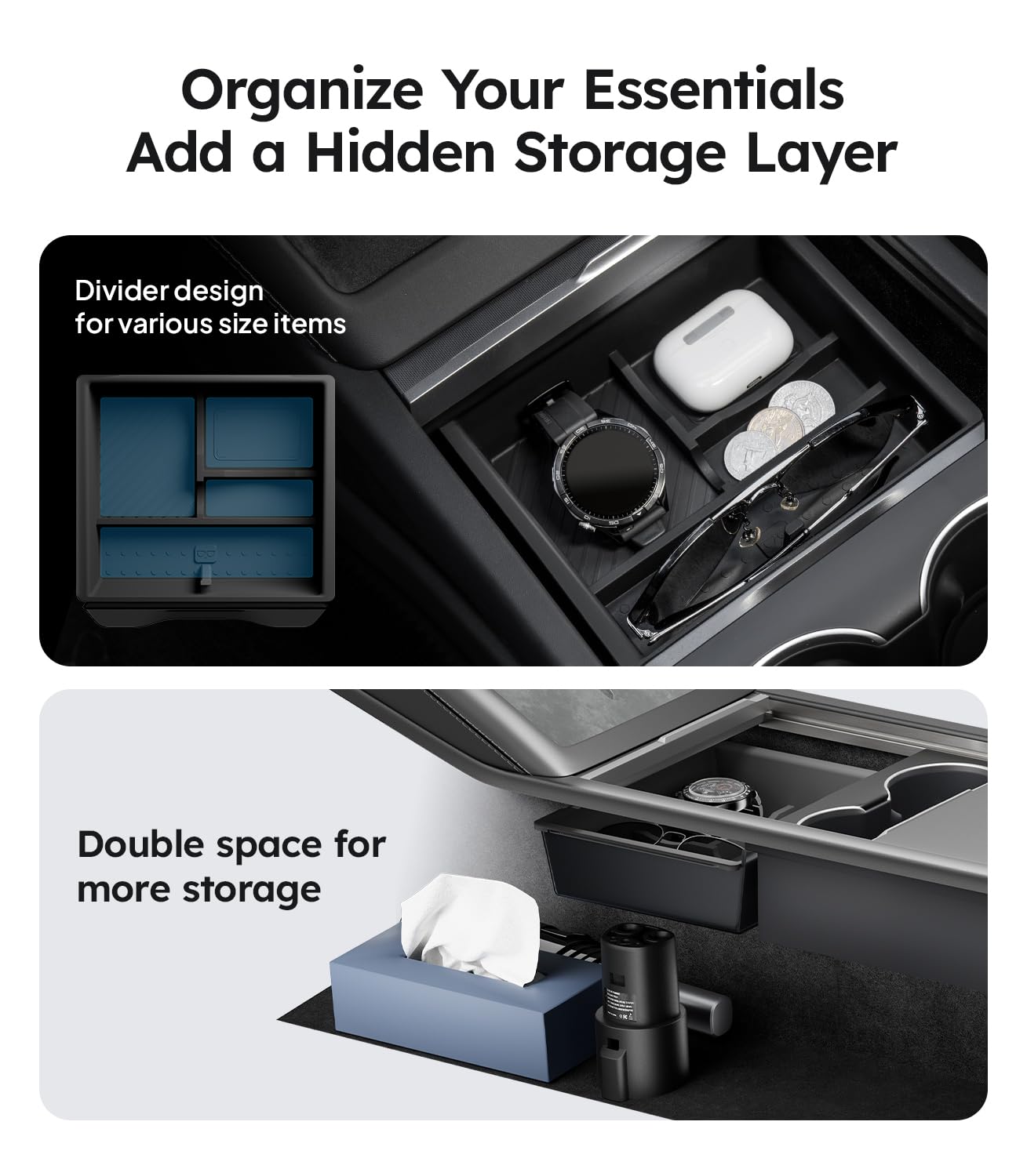 Wigoo Tesla New Model Y Juniper & Model 3 Center Console Organizer [Double Layer Space, Slide smoothly] Model 3 (2024~2025)/New Model Y Juniper Accessories, 4PCS Black