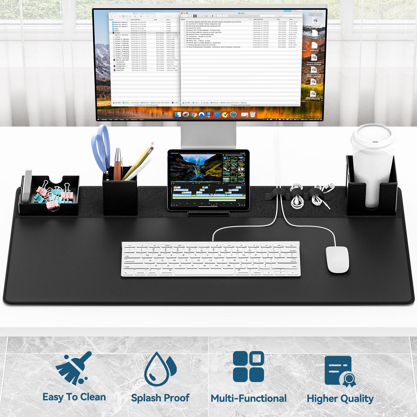KDD Mouse Pad and Organizer Set - 6 in 1 Desk Mat Storage Accessory with Velcro DIY Feature, Desktop Accessories for Tablet Stand/Cup Holder/Card Holder/Pen Holder/Cable Management for Office and Home