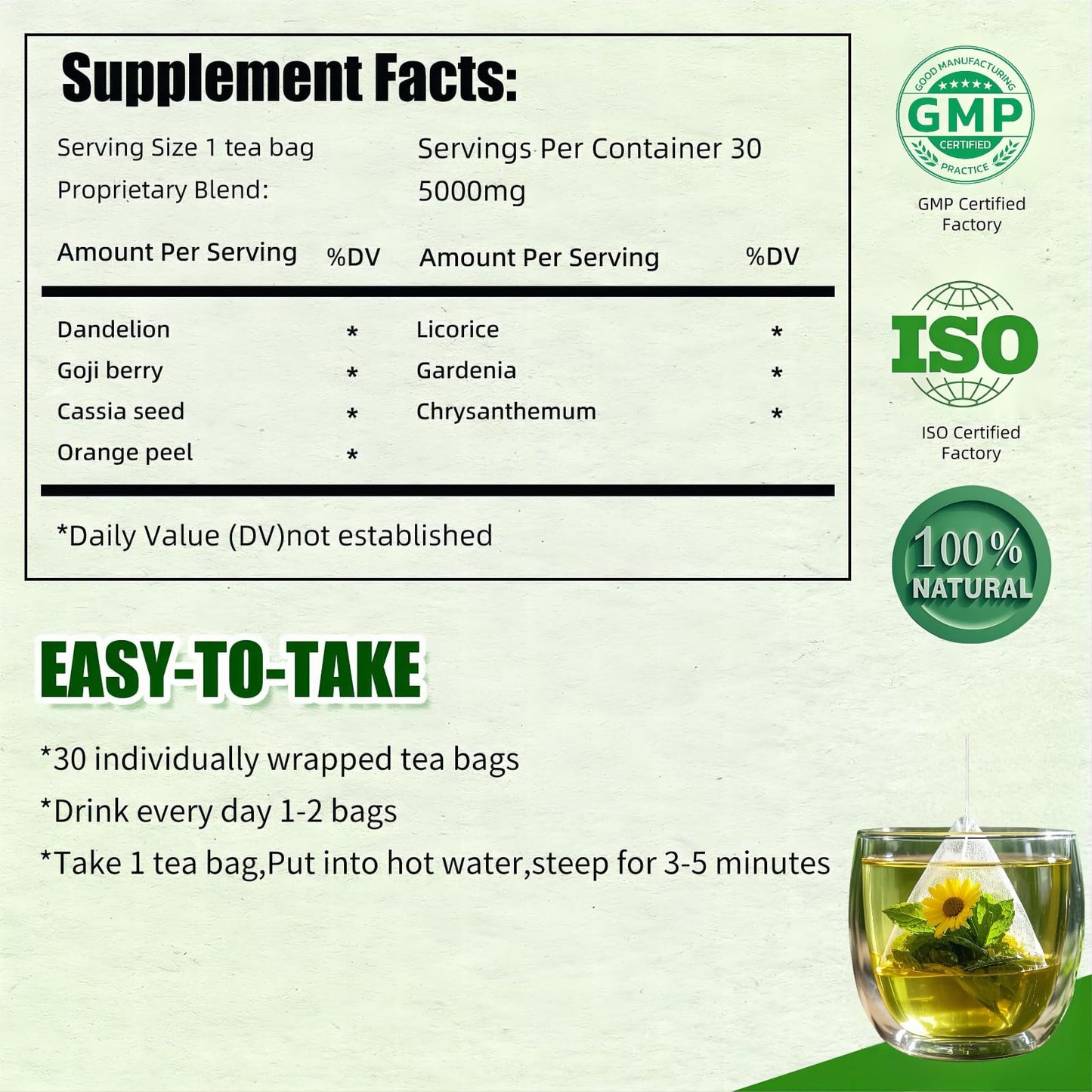 Gerduck Dandelion Wolfberry Tea -Liver & Kidney Detox Tea,7 Natural Ingredients Blend with Chrysanthemum cassia seed,Licorice,Traditional Herbal Tea Formula for Daily Health,Immune Support,30 Tea Bags