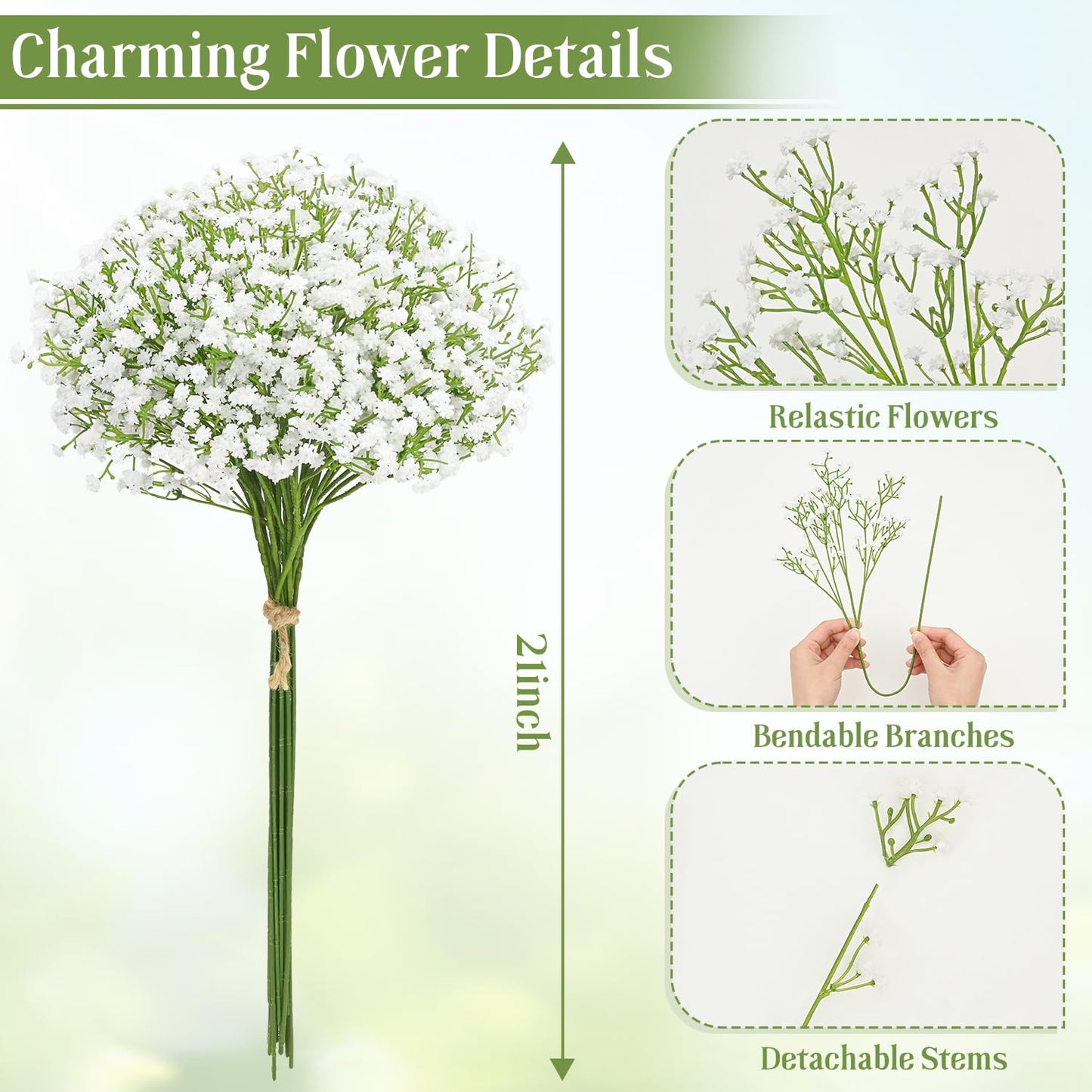 MARTINE MALL Babys Breath Artificial Flowers, 10 PCS White Baby Breath Flowers Artificial Bulk, Fake Babys Breath Gypsophila Real Touch Faux Babys Breath for Wedding Floral Arrangement Home Decor