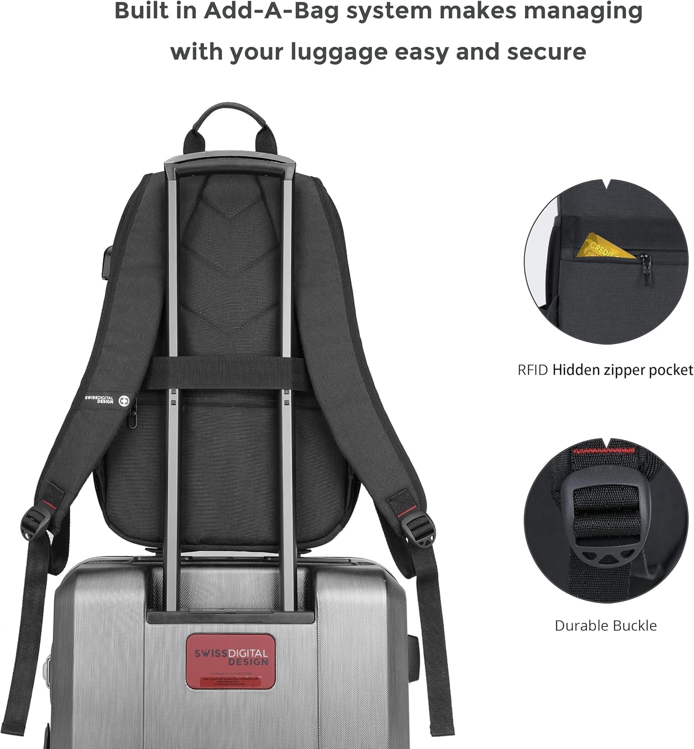 Swissdigital Design Travel Laptop Backpack, Business Anti Theft Slim Sturdy Laptops Backpack with USB Charging Port, College Tech Backpacks SD1634