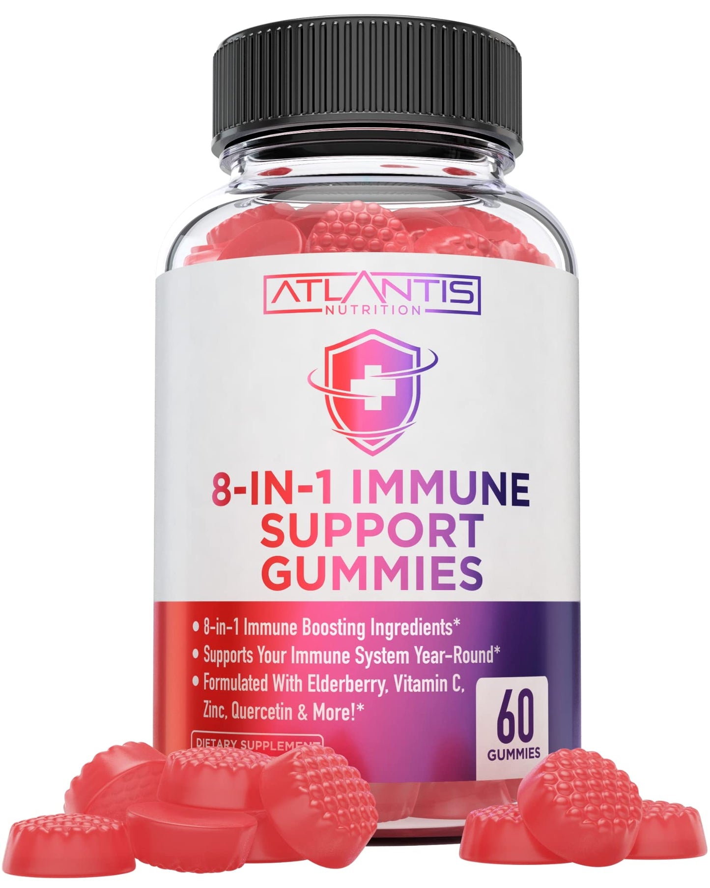 Atlantis Nutrition 8-in-1 Immune Support Gummies with Elderberry | Immune Supplement with Elderberry, Quercetin, Zinc, Vitamin C - Immunity Boosters for Adults & Kids - Delicious Flavor - 60 Count