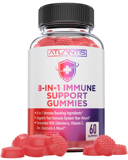 Atlantis Nutrition 8-in-1 Immune Support Gummies with Elderberry | Immune Supplement with Elderberry, Quercetin, Zinc, Vitamin C - Immunity Boosters for Adults & Kids - Delicious Flavor - 60 Count