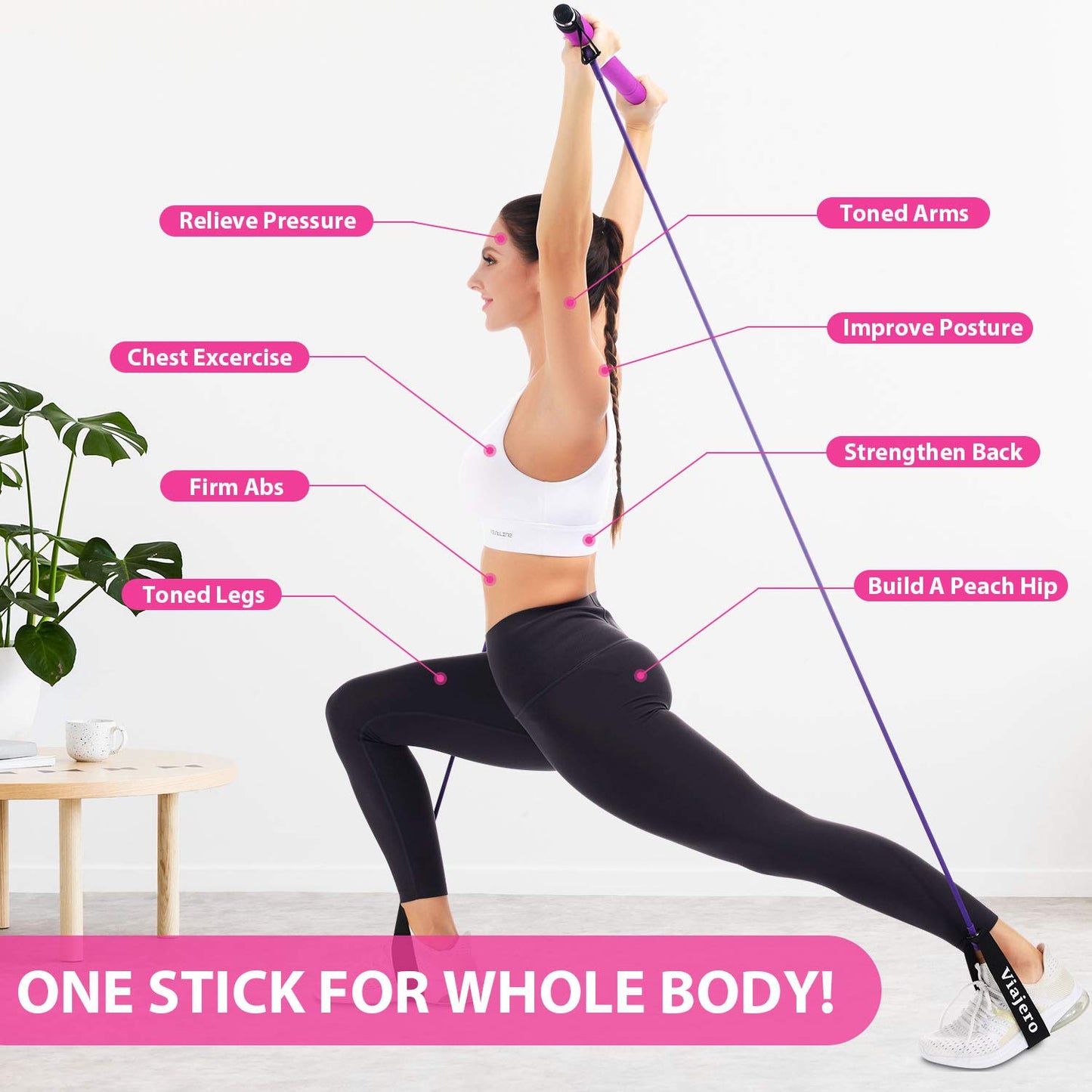 Viajero Pilates Bar Kit with 2 Latex Exercise Resistance Bands for Portable Home Gym Workout, 3-Section Sticks All-in-one Strength Weights Equipment for Body Fitness Squat Yoga with E-Book Video