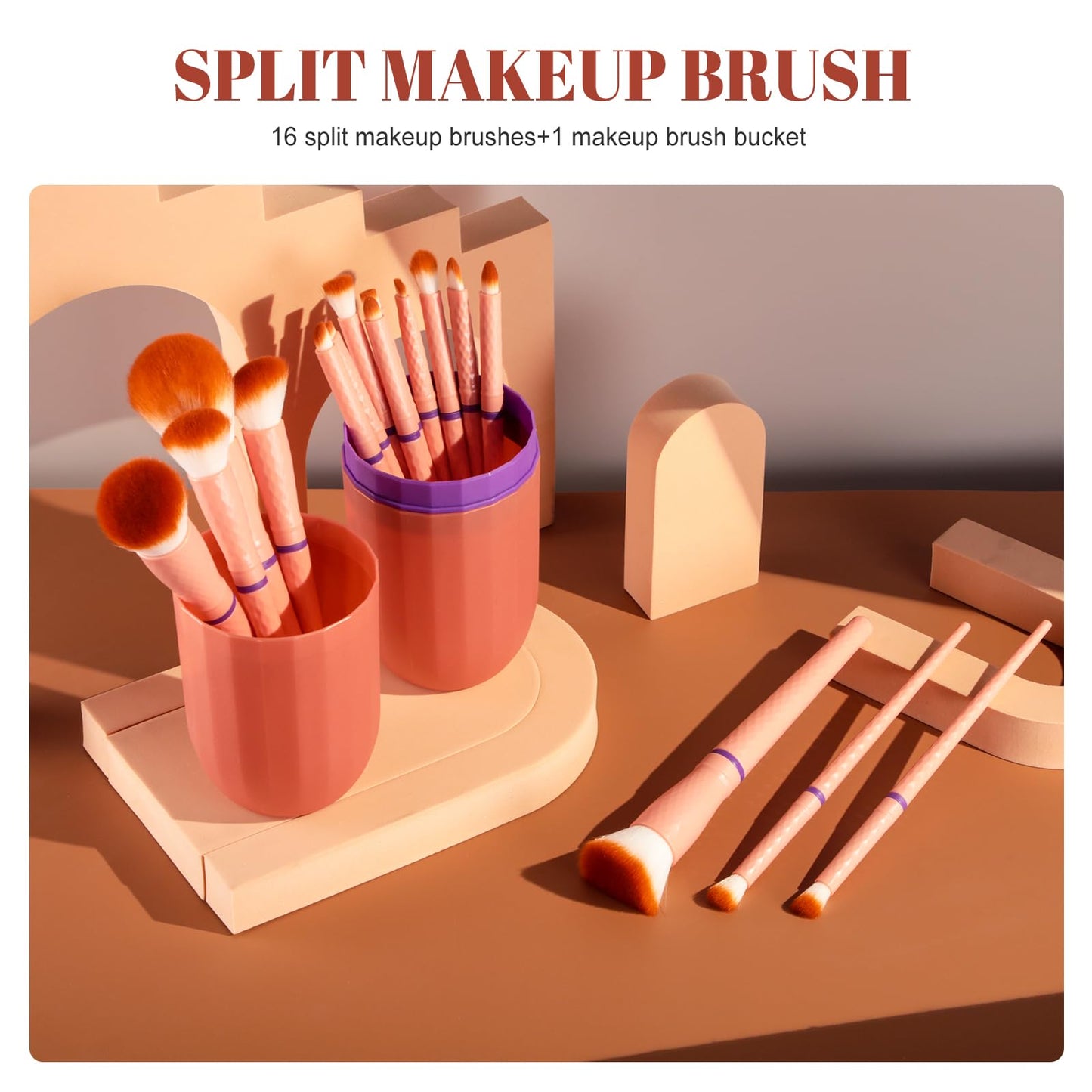 BS-MALL Travel Makeup Brushes – Professional and Durable 16-piece Set Detachable Rotating Handles, Eco-Friendly Design, Comes with Storage Barrel(Orange Travel Case)