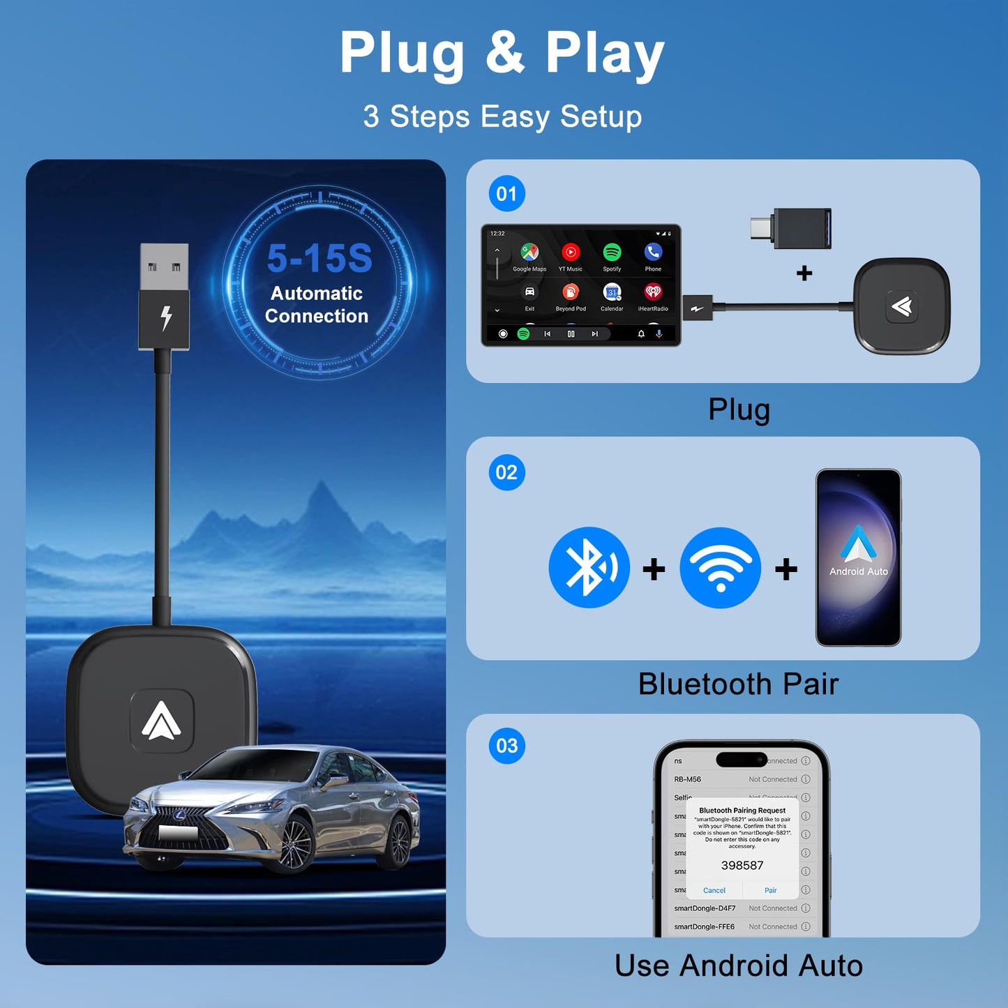 LXJTHT Android Auto Wireless Adapter Plug and Play Car Dongle for Factory Wired Android Auto in All Cars - Low Latency and Easy to Install