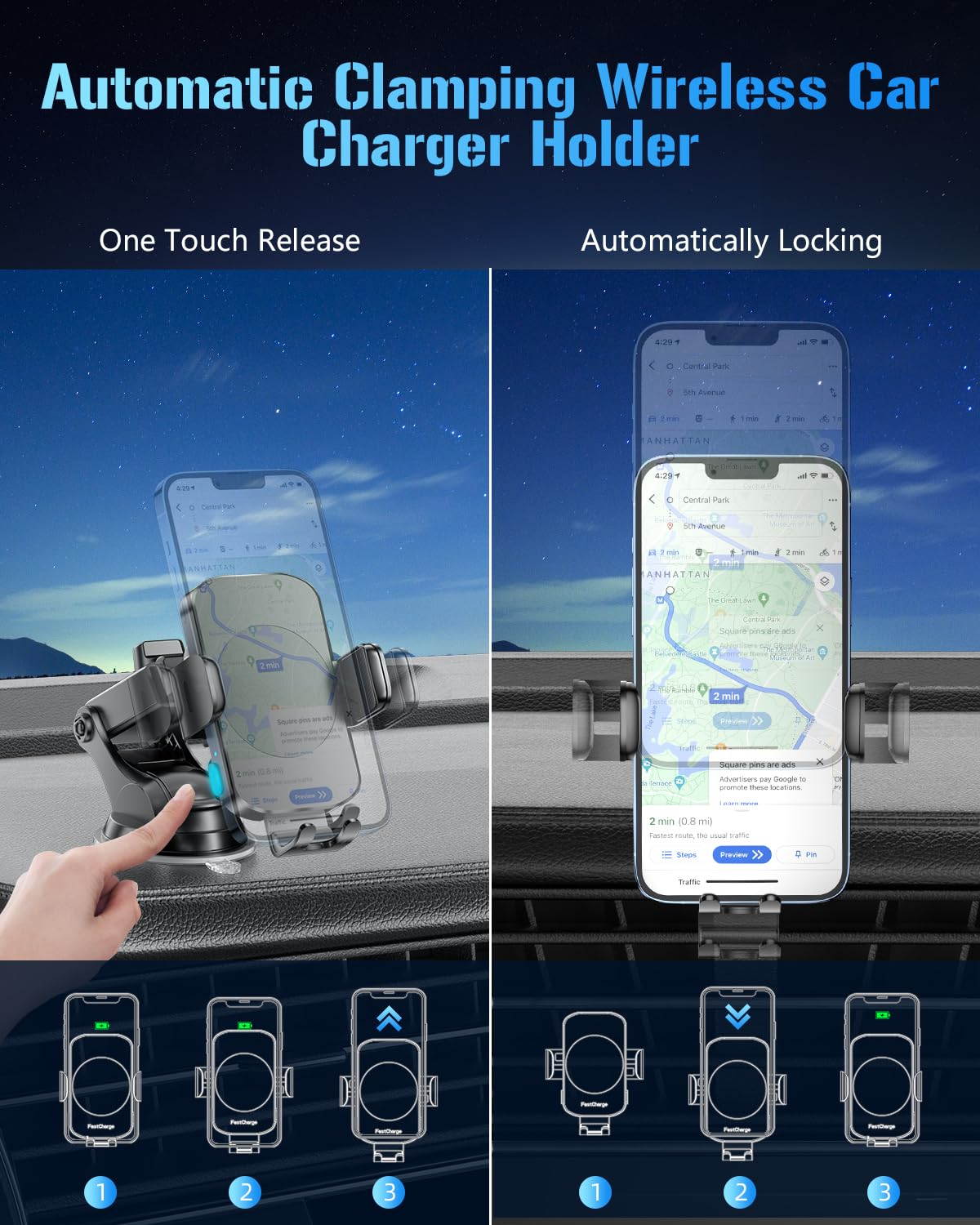 BothLin Wireless Car Charger, Fast Charging Phone Holder 3 in 1 Phone Mount Auto Clamping Car Accessories Compatible with iPhone 16 15 14 13 12 11 Xs XR, Samsung S23 Ultra S22 S21 S20/S10+ S9+ Note 9