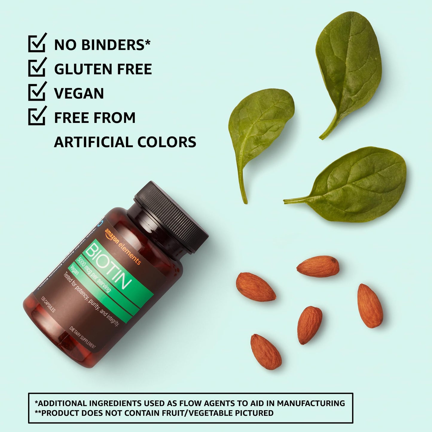 Amazon Elements Vegan Biotin 5000 mcg - Hair, Skin, Nails, 130 Capsules (4 month supply) (Packaging may vary)