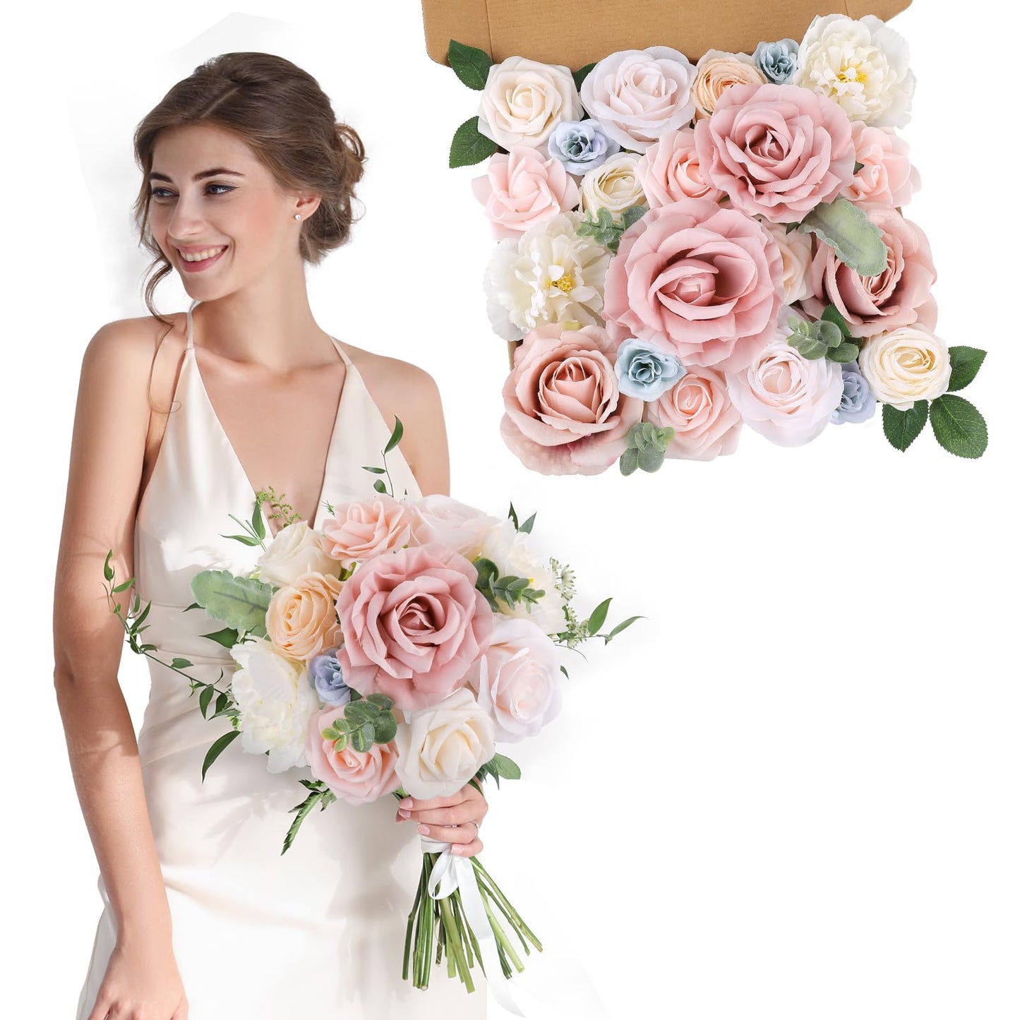 AmyHomie Morandi Pink Artificial Flowers Combo Silk Mix Peony Rose Fake Flowers w/Stem for DIY Wedding Bouquets Centerpieces Arrangements Table Fall Decor Party Bridal Baby Shower Home Decorations