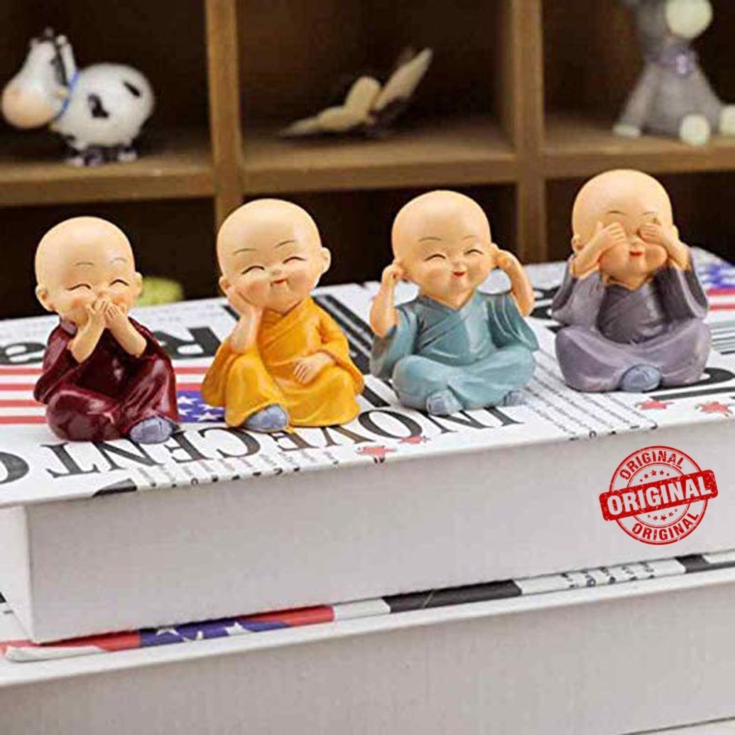 TIED RIBBONS 4 Pcs Baby Buddha Statue | Resin, 2 Inch | Buddha Monk Statue, Car Dashboard Decoration, Office, Table, Shelves, Home, Living Room, Buddha Decor | Mini Buddha Statue
