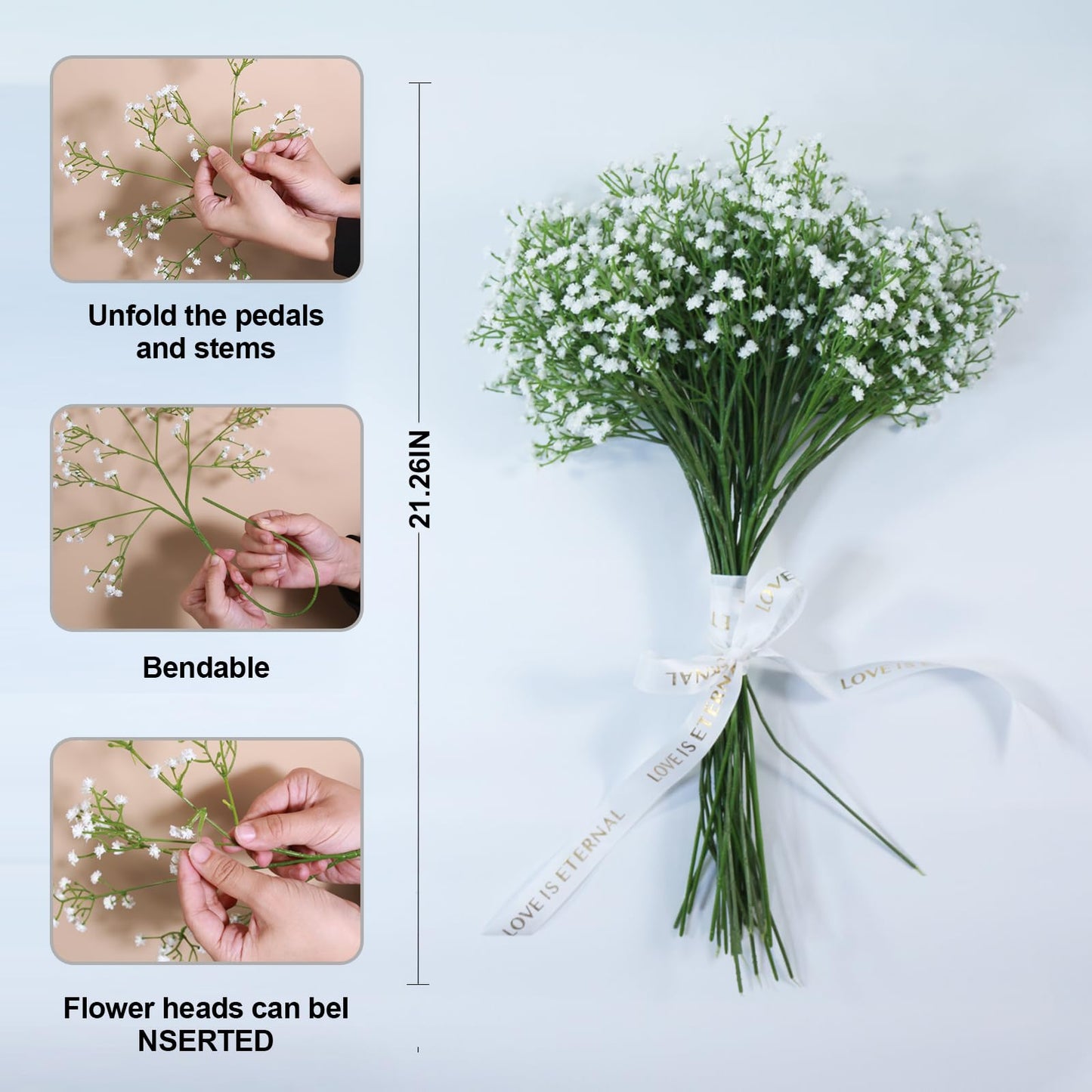 Gumolutin 15 Pack Real Touch Artificial Baby's Breath Flowers - 21" Bendable Stems for Wedding Bouquets, Home Centerpieces & Outdoor Decor (Waterproof, Dustproof, White)