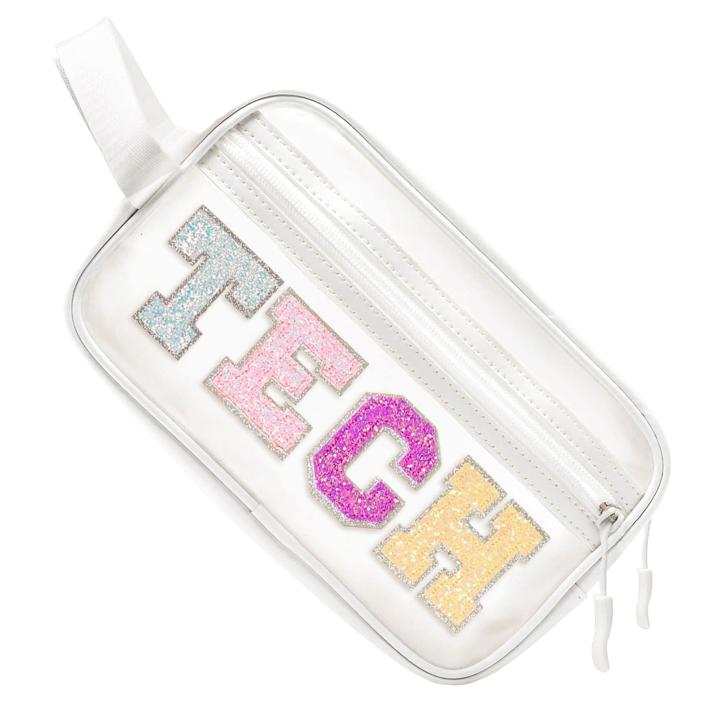 COSHAYSOO Clear Electronic Accessories Storage Bag Preppy Letter Patch Travel Pouch for Women Teens Girls, Cable Cord Charger Phone Earphone Organizer Trendy Traveling Must Have Essentials (TECH)