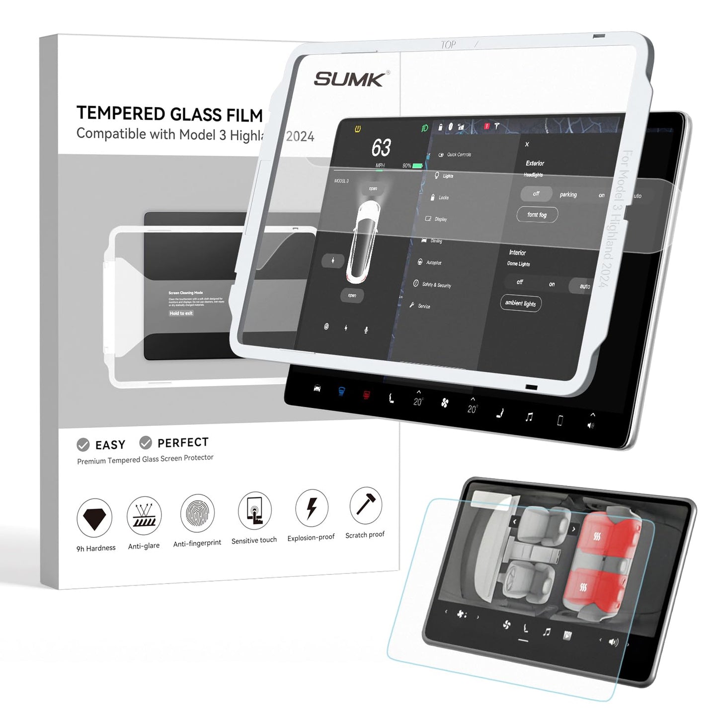 SUMK Tempered Glass Screen Protector for Tesla Model Y Juniper Accessories 2026 & for Tesla Model 3 Highland Accessories 2024 2025 [Anti-glare & No-fingerprint & 9H] 15.4 Inches - 2pcs [Matte]