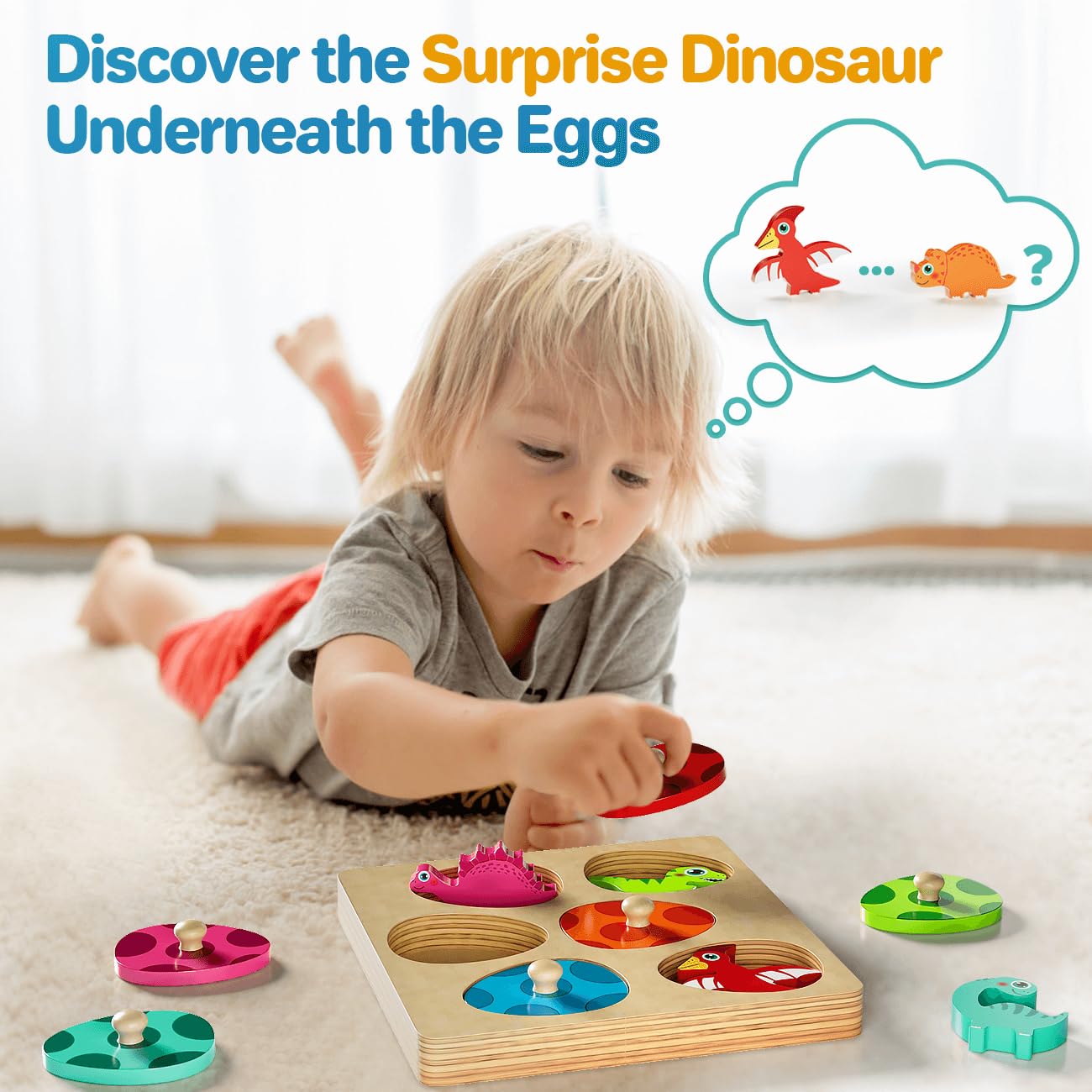 EDUJOY Wooden Puzzles for Toddlers 1-3, Montessori Toys for 1 2 Year Old Boy Girl Birthday Easter Gifts, Dinosaur Match Eggs Peg Puzzles, Preschool Learning Toys for Toddlers Age 1-2