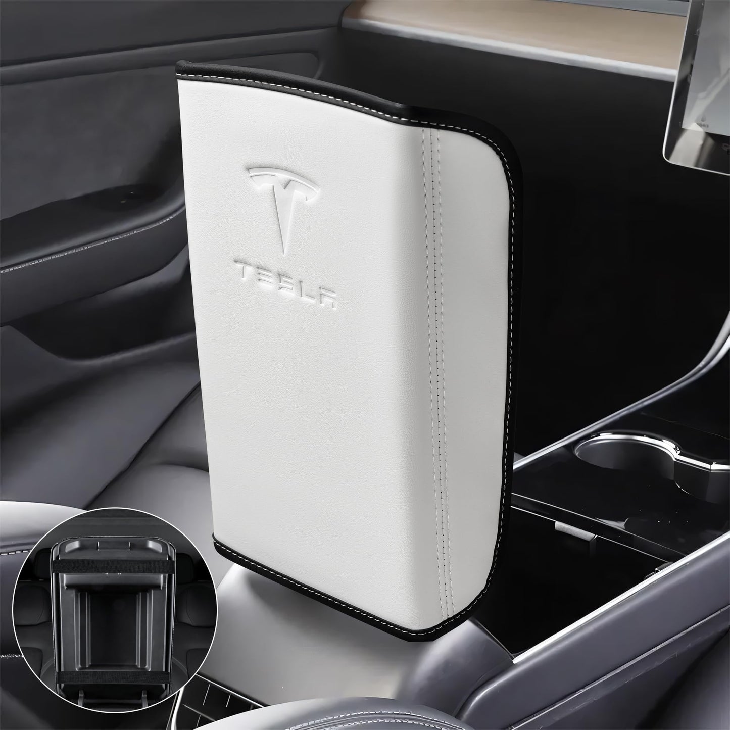 Tinlucys Armrest Cover Designed for Tesla Model 3/Y 2017-2023 2024,Leather Center Console Cover for Tesla Model 3/Y Interior Accessories White