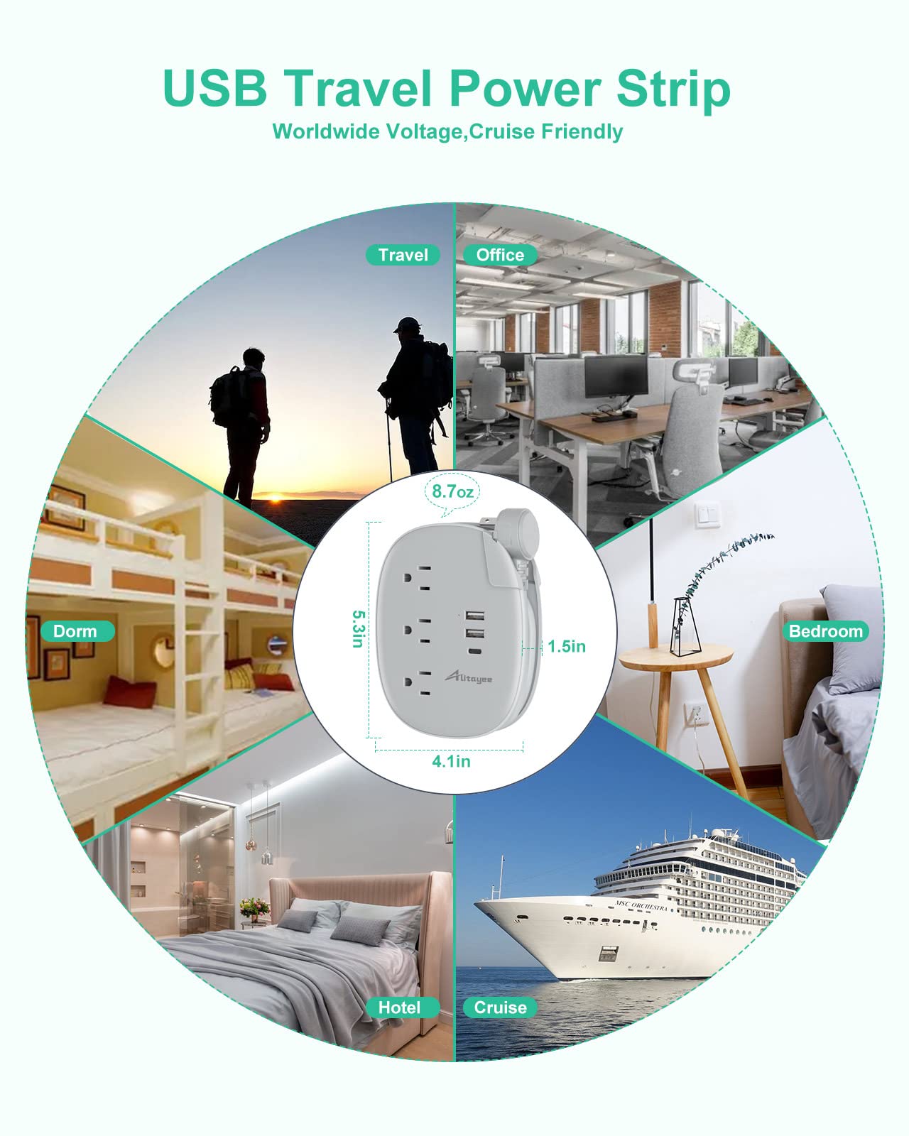 Alitayee USB C Portable Travel Power Strip with 3 Outlets 3 USB Ports Fast Charge, USB Extendable Outlet Extender with Flat Plug and 3ft Wrapped Around Extension Cord for Cruise Travel Home Office
