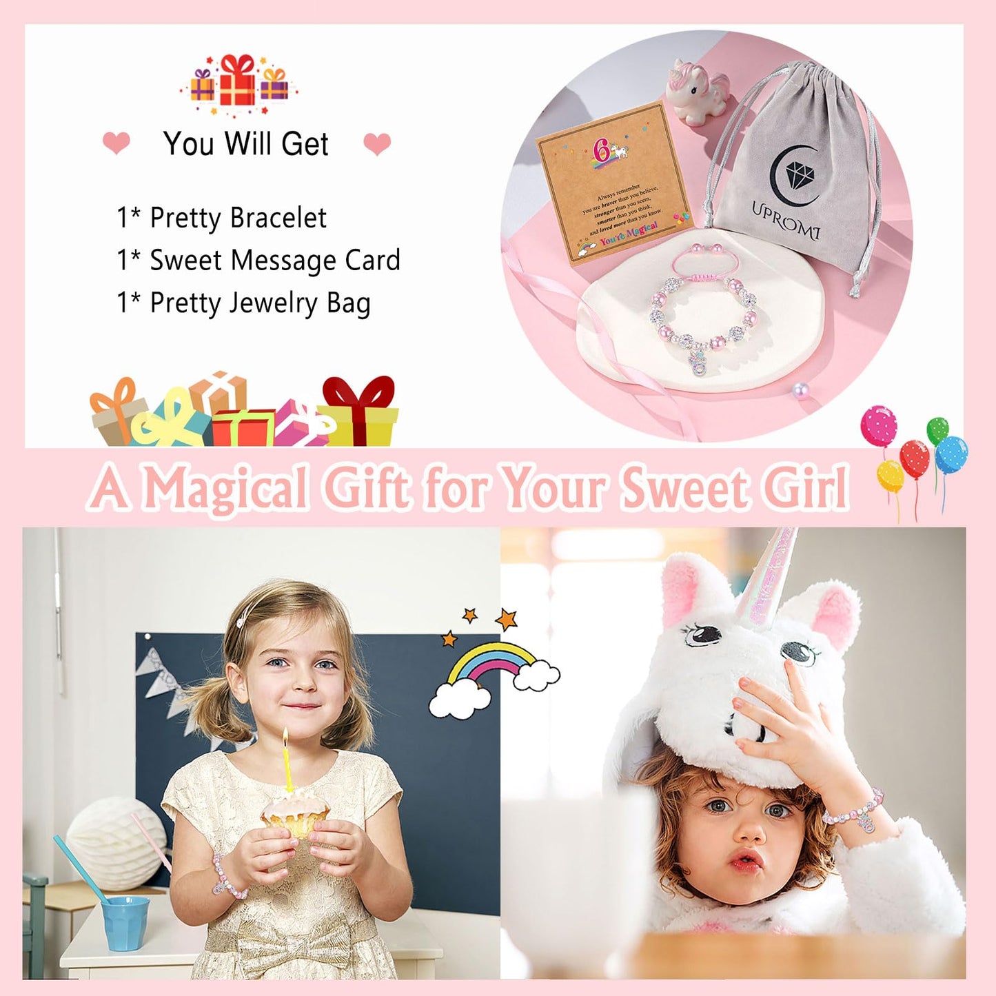 UPROMI 6 Year Old Girl Birthday Gifts, 6th Unicorn Birthday Decorations Party Favors Best Presents for 6 Year Old Girl Bracelet