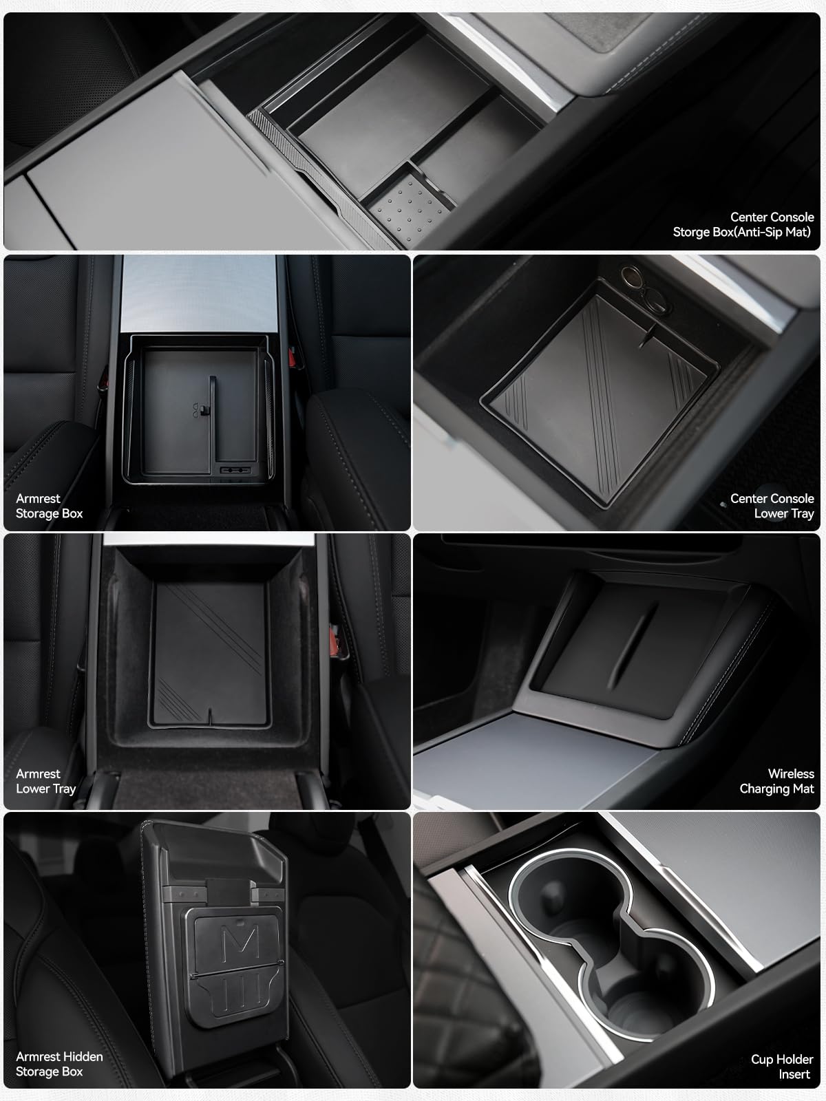 7PCS Center Console Organizer Tray for 2024 2025 Tesla Model 3 Accessories, Armrest Hidden Storage Box Cup Holder Charger Pad for Tesla Model 3 Highland