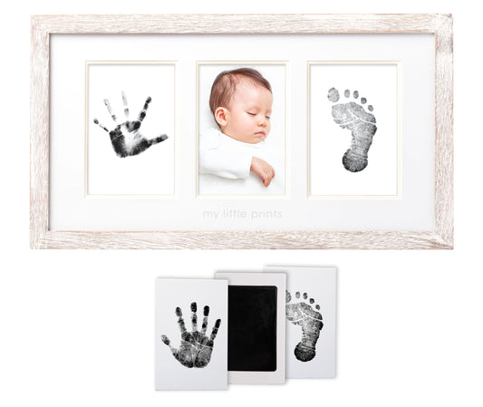 Pearhead My Little Prints Newborn Handprint & Footprint Frame Kit - No Mess Clean Touch Ink Pad, Gender-Neutral Keepsake, Ideal Shower Gift, Nursery Decor, Distressed Wood