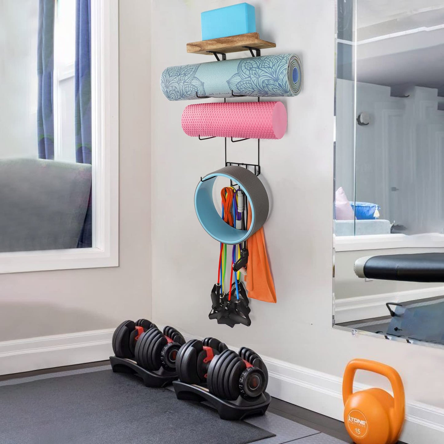 VINAEMO Yoga Mat Holder Accessories Wall Mount Organizer Storage Decor Foam Roller and Towel Storage Rack with 4 Hooks and Wooden Shelves Yoga Mats Rack Resistance Bands for Home Gym School Office