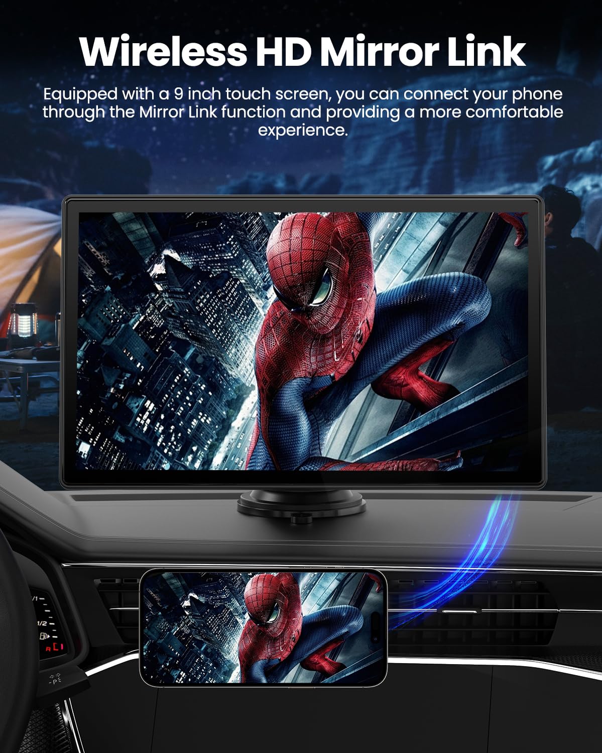 Wireless CarPlay Screen - 9'' Portable Car Stereo with 4K Dash Cam, 1080P Backup Camera, Satellite Radio, Apple CarPlay & Android Auto, GPS Navigation/AirPlay/Voice Control
