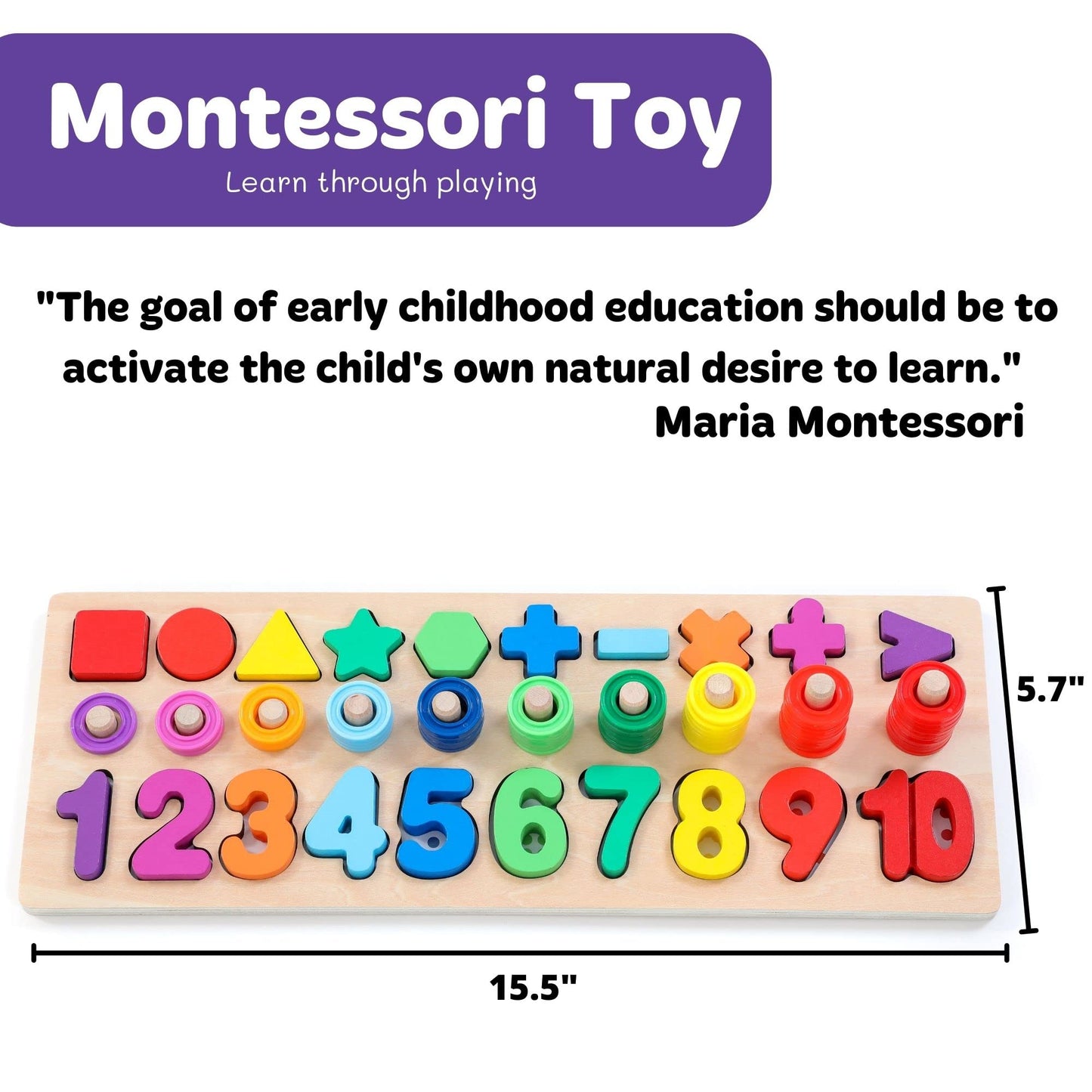 GeroCrew Wooden Montessori Toys for Kids Toddler Number Puzzles Sorter Counting Shape Stacker Stacking Game Preschool Toys for Boy Girl Learning Education Math Blocks 1 Year Old Girl Gifts (Rainbow)