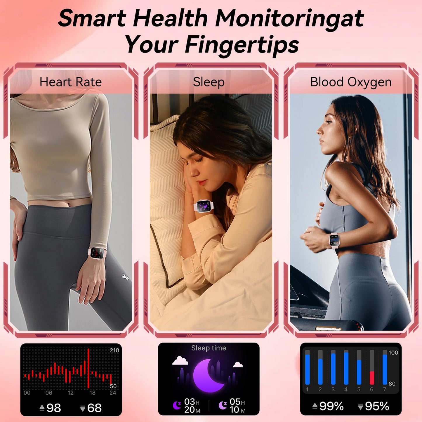 Smart Watch for Men Women, 1000mAh Battery 100-Day Standby Time, 1.85" HD Screen Fitness Tracker, 110+ Sport Modes, IP68 Waterproof, Heart Rate/Sleep Monitor, Fitness Watch for Android/iOS (Pink)